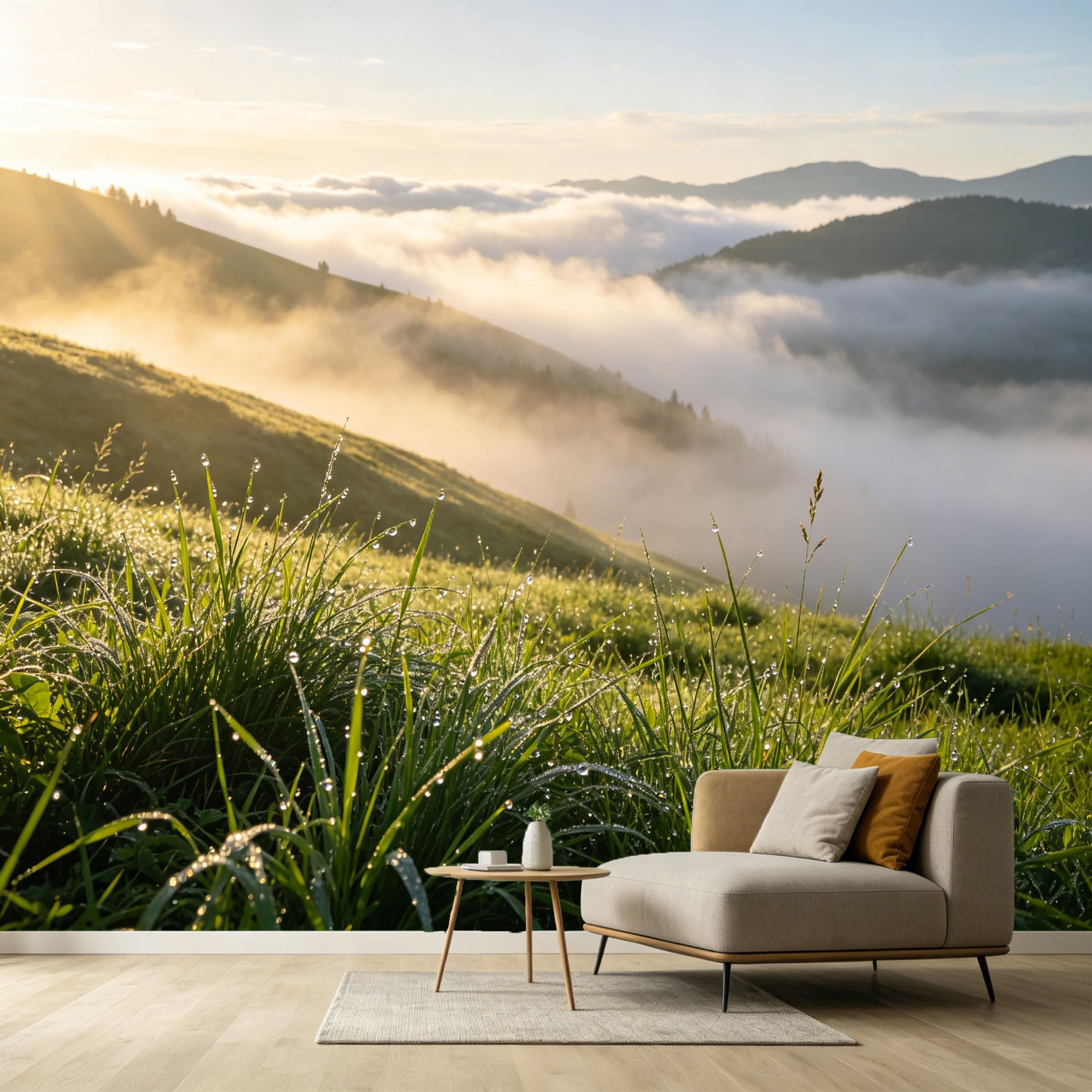 Custom Size Wall Murals Mountain Landscape Morning Mist Sunrise Dewy Meadow Nature View SelfAdhesive Wall Fabric Removable Large Wallpaper for Photo Living Room