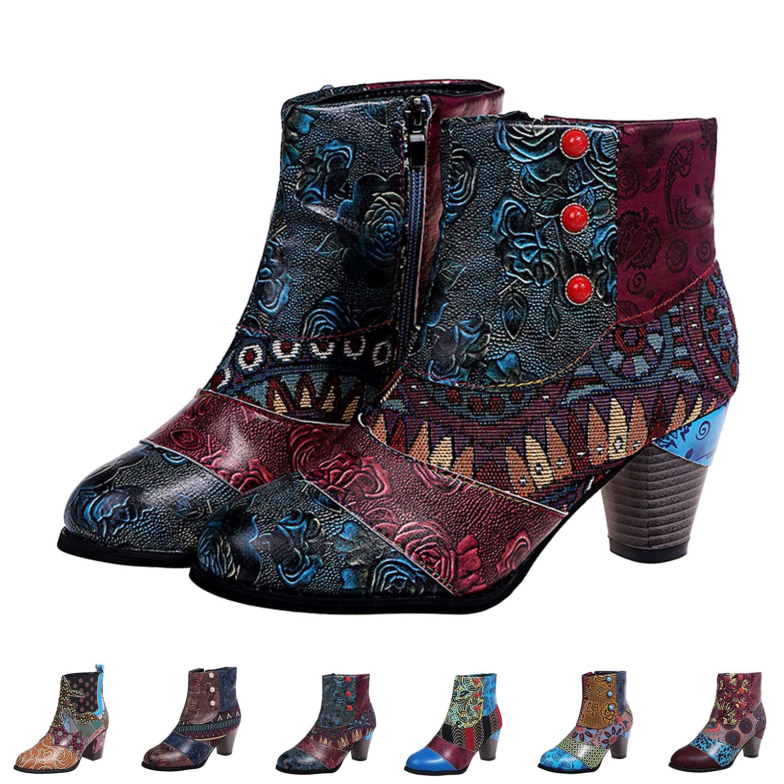 Bottes western pour femme - Vintage - En cuir - Fleurs - Bottes courtes - Bottes de motard - Bottes de cowboy - Bottines d'équitation - Bottines de cowboy - Bottines de travail à enfiler