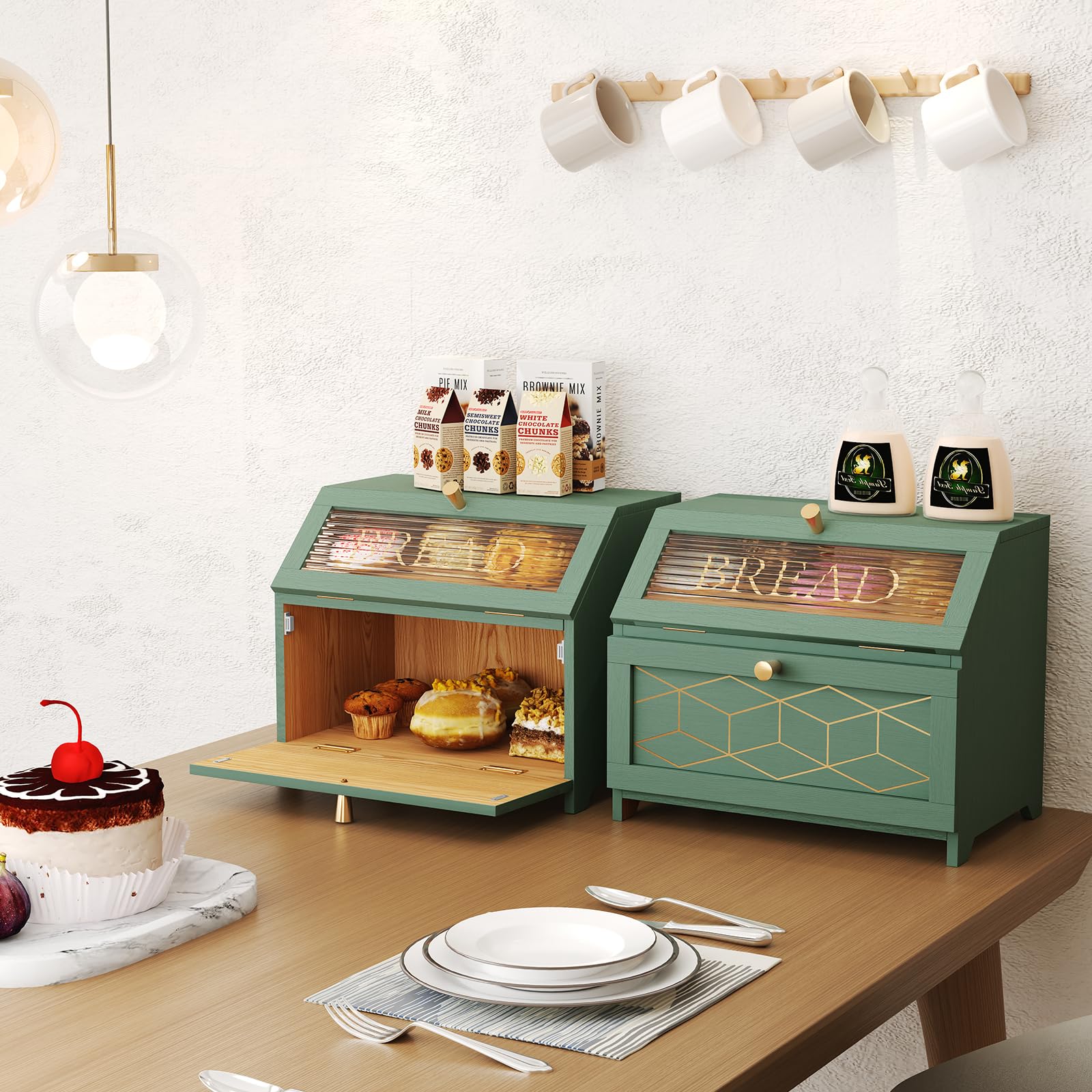 Portapane Legno a 2 Livelli con Finestra Trasparente, Portapane Moderno da Cucina con Ampio Spazio di Archiviazione, Porta Pane da Cucina per Pane, Snack e Alimenti, Verde