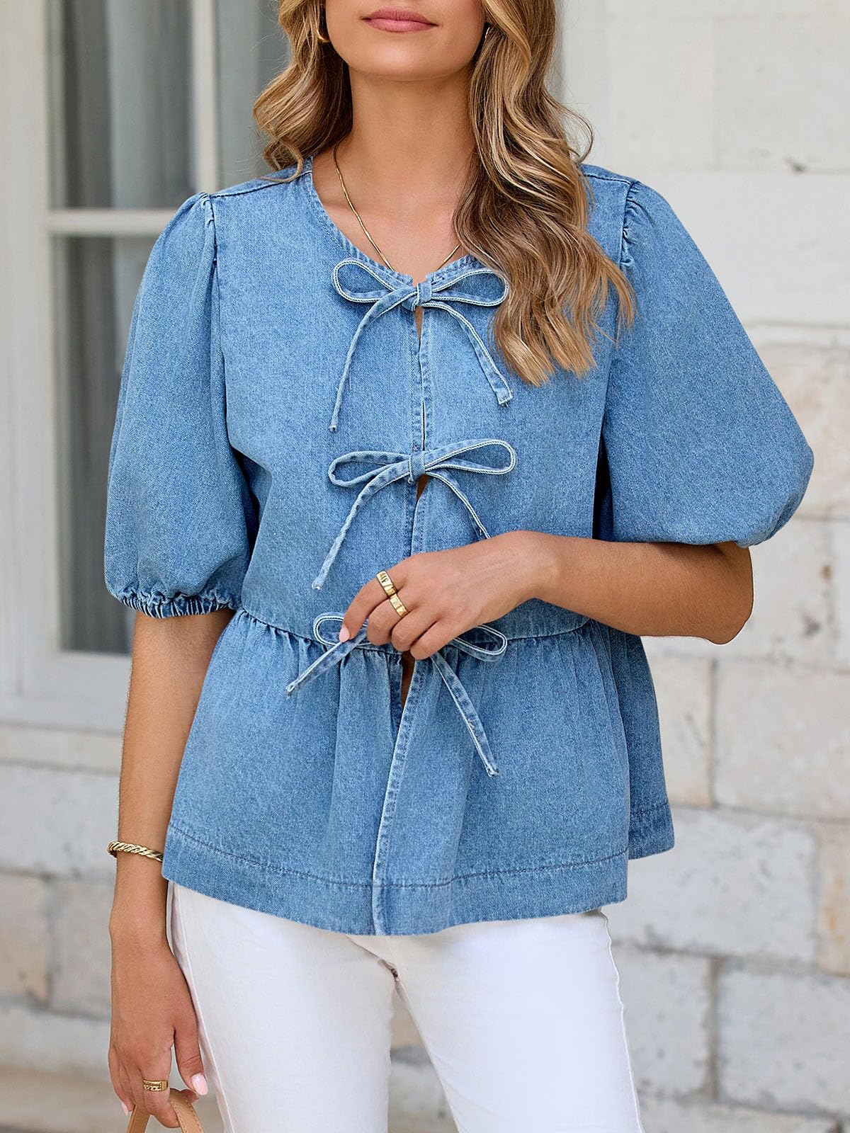 Tankaneo Camicette da donna in denim con nodo frontale, con peplo e maniche a sbuffo, girocollo, estive, casual, con fiocco