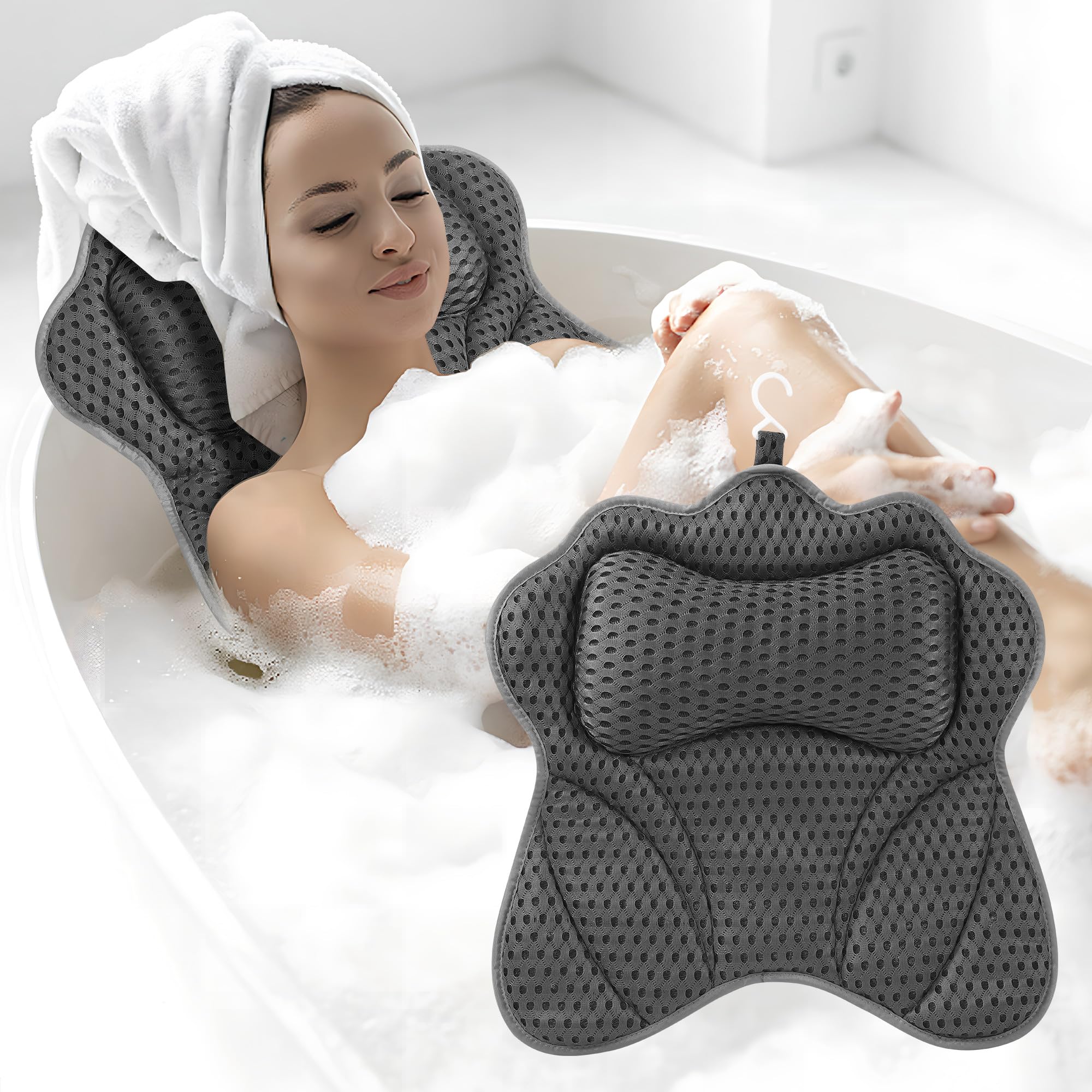 Badewannenkissen,Badekissen Für Badewanne,Kissen Badewanne 4D Mesh mit 6 Saugnäpfeln,Wird verwendet,um zu entspannen,um Nacken,Schultern,Kopf und Rücken zu unterstützen,für Heimspas(Grau)