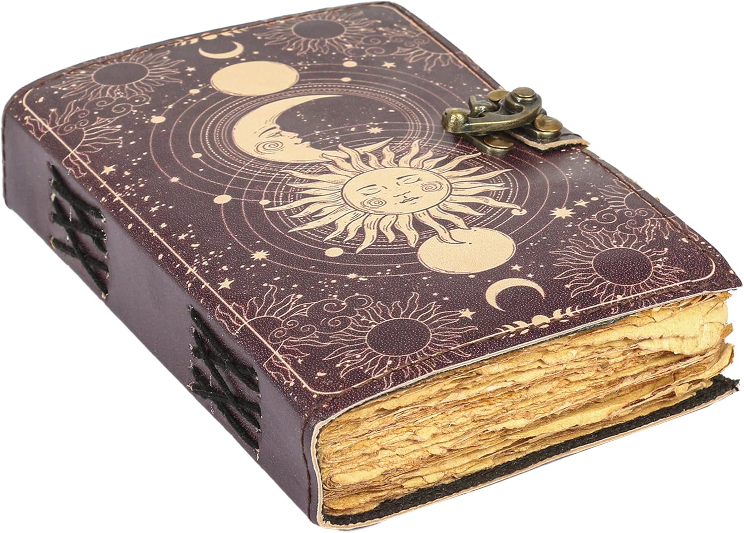 Sun & Moon Vintage Leather Journal for Men & Women 200 Pages of Antique Handmade Deckle Edge Vintage Paper, Leather Sketchbook, Drawing Journal, Printed leather Journal, Great Gift (7 x 5 Inch)