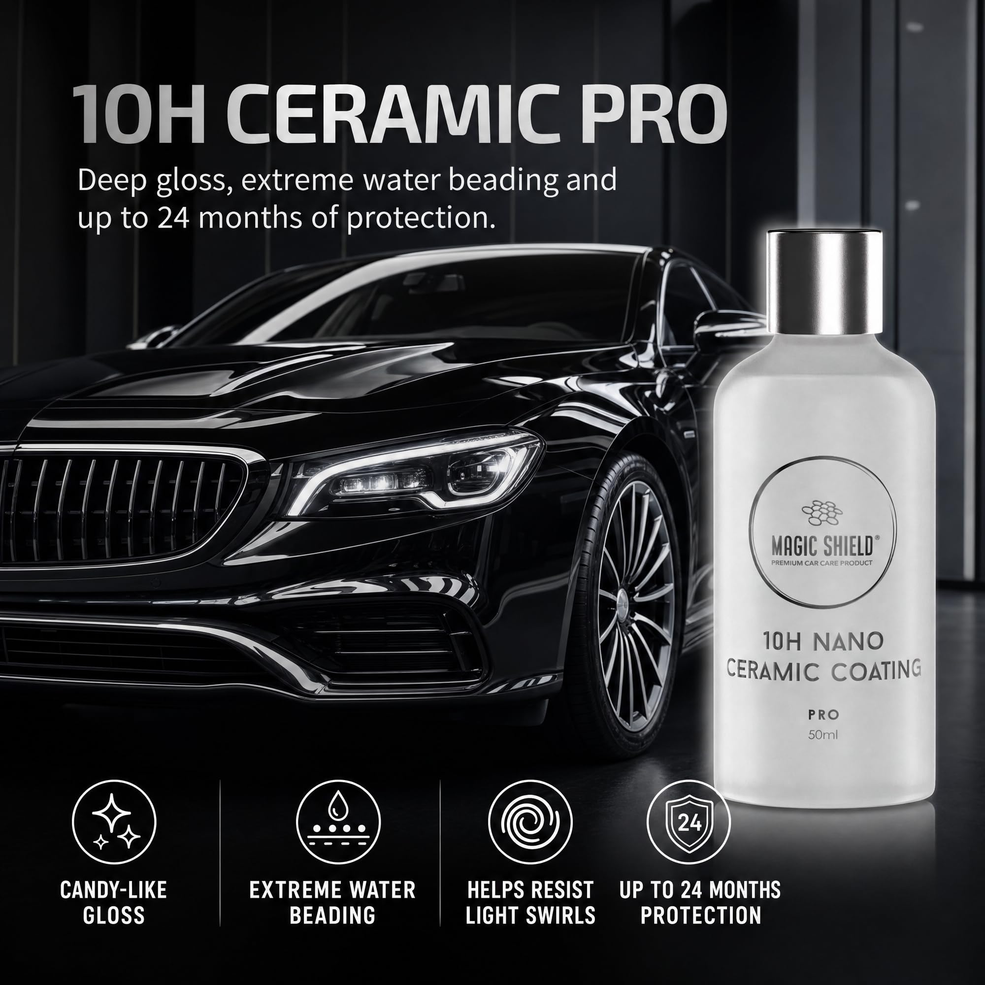Magic Shield Revestimiento cerámico PRO 10H - Autocuración | Larga duración para más de 2 coches | Protección avanzada de SiO2 | Fácil aplicación | Brillo similar al caramelo | Perfecto para coches,