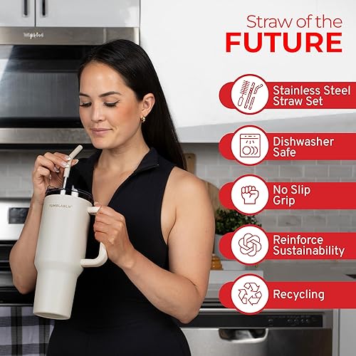 Miniatura 6 de Vaso de 40 onzas con asa y pajita, vaso a prueba de fugas con tapa y pajilla, popote de acero inoxidable con dos gomas de silicona para beber, vasos