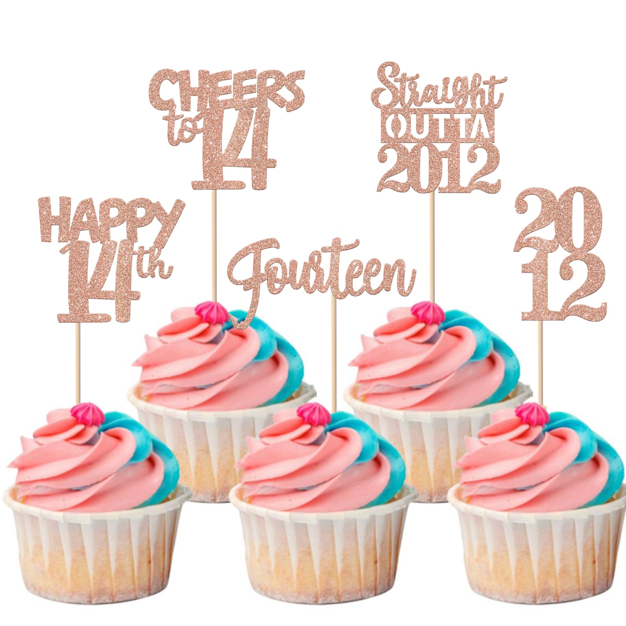 Xsstarmi 30 Pack Happy 14th Birthday Cupcake Toppers Glitter Fourteen Straight Outta 2012 Cupcake Picks for Cheers to 14 Years 14th Birthday Anniversary Party Cake Decorations Rose Gold