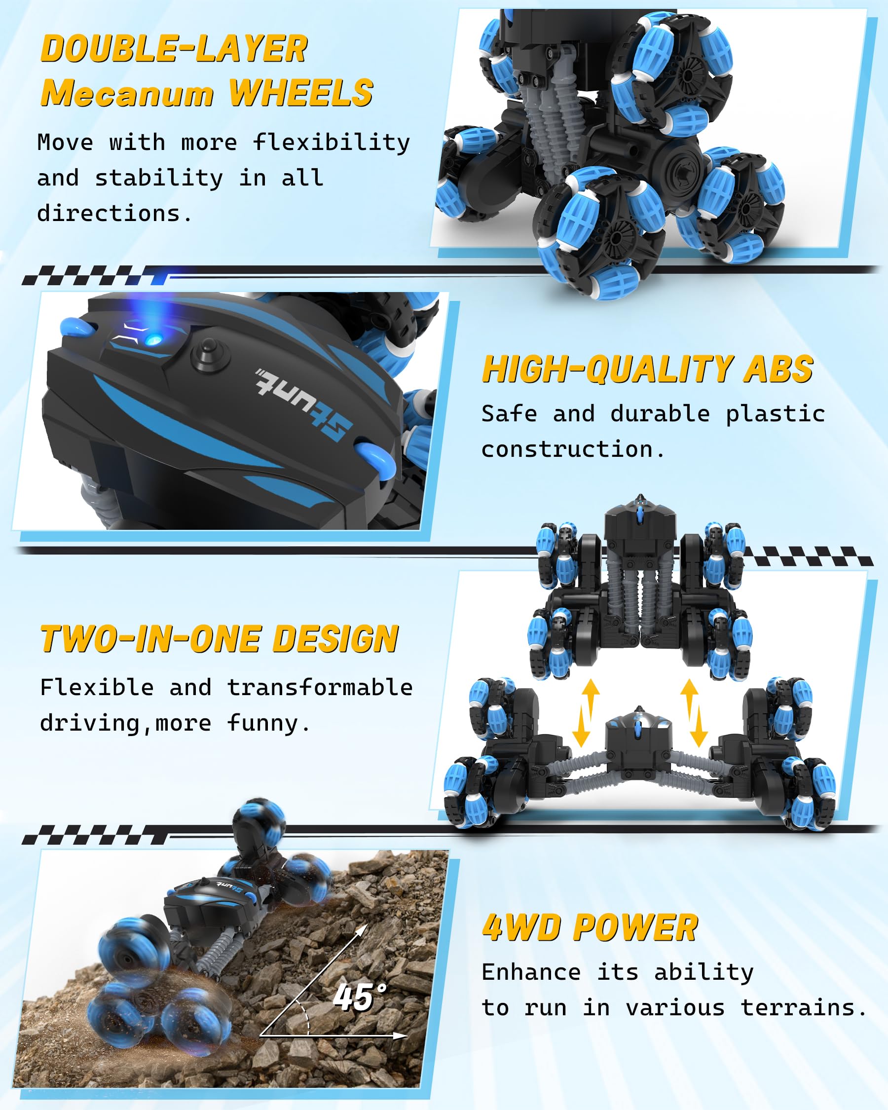 Remote Control Car, RC Transform Stunt Car 360° Flips Rotating, Drift, 90° Upright Driving RC Stunt Truck with Headlight All Terrain Toys for Ages 5-12 Kids Gifts