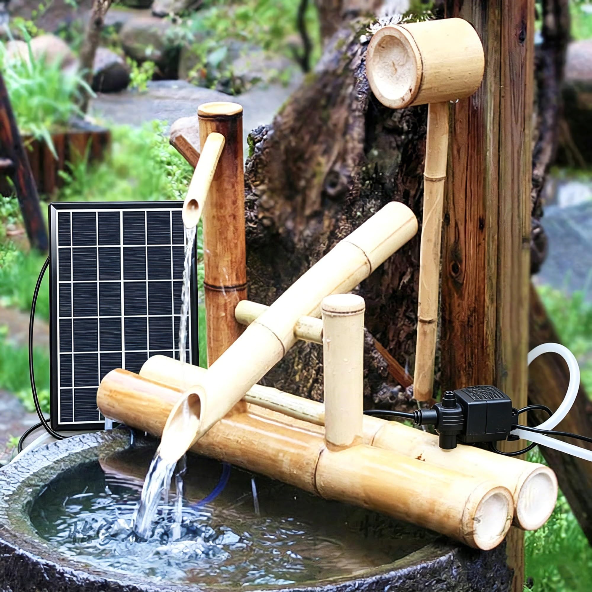 Fontana da giardino Zen, kit fontana in bambù ad energia solare in stile giapponese con pannello solare, pompa 'acqua e mestolo, decorazione fai da te for giochi d'acqua for interni