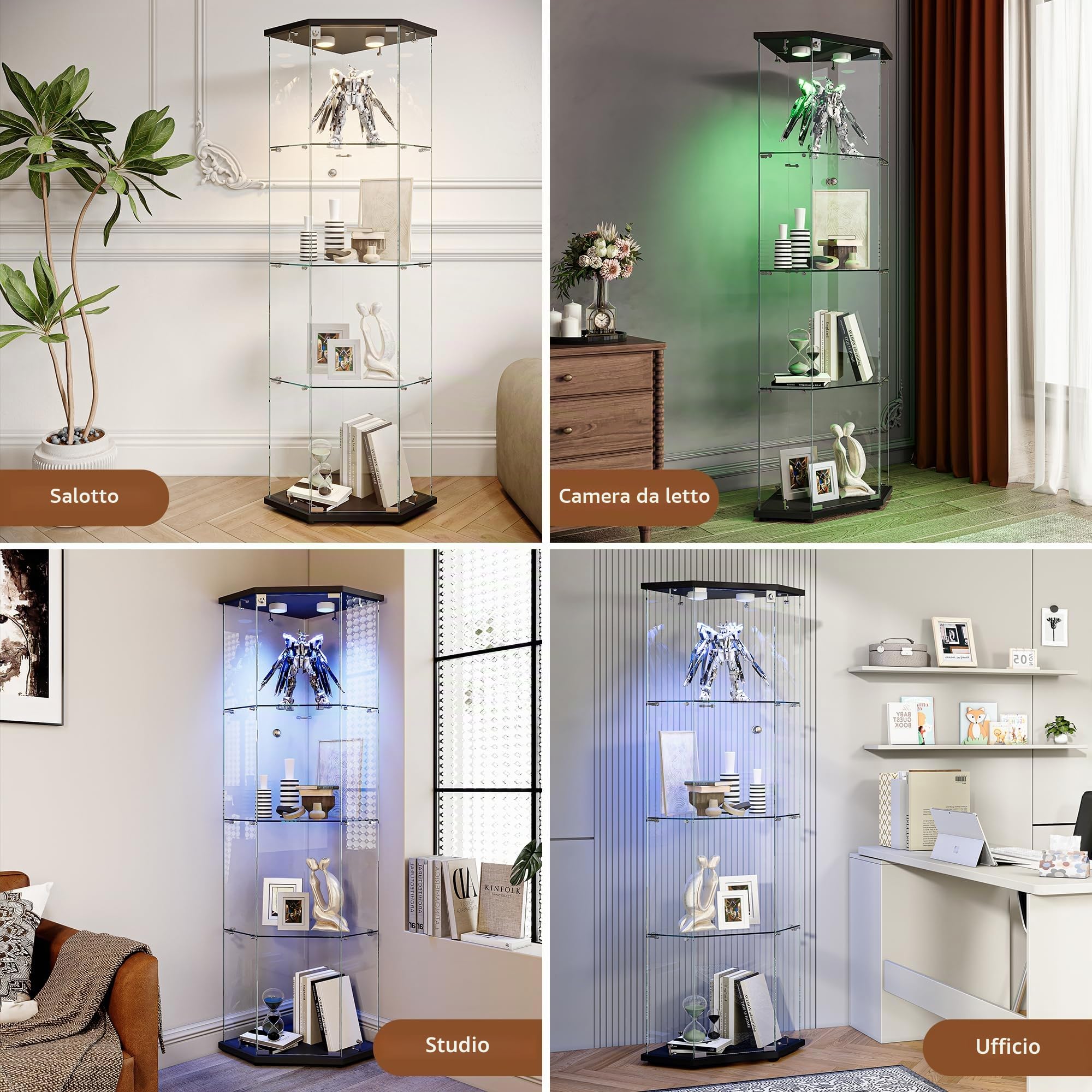 Vetrina Angolare in Vetro con illuminazione a LED, Espositiva Vetrina a 4 Strati da Collezione con Serratura, per Oggetti da Collezione, Libri, 4 Ripiani 1 Ante, Nero A