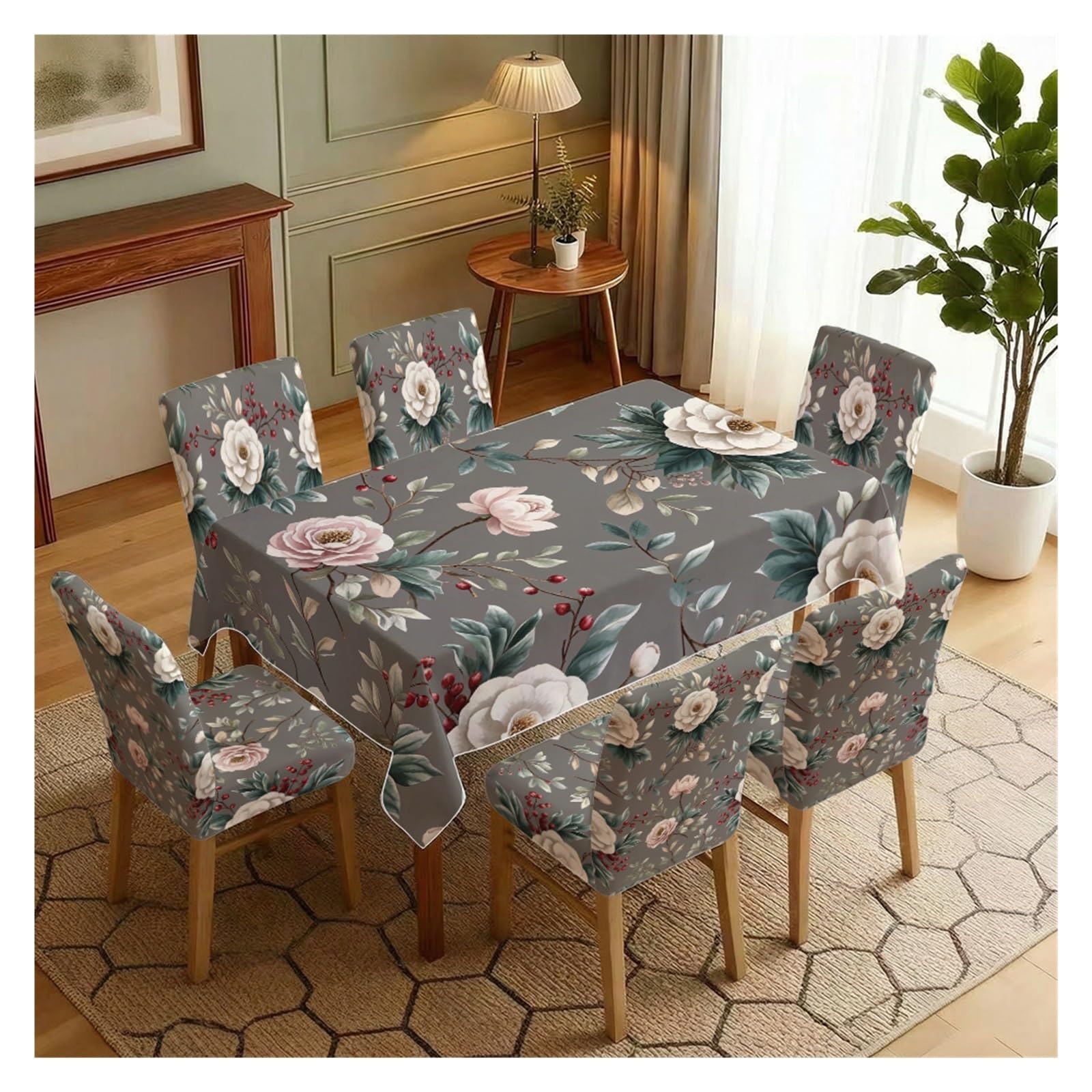 BOSUYBN Dark Grey Vintage White Floral Dining Tablecloth & Chair Covers Set, 5/7 Piece Elegant Moody Botanical Home Decor Table Setting(7pcs Set: Tablecloth+Chair Covers)