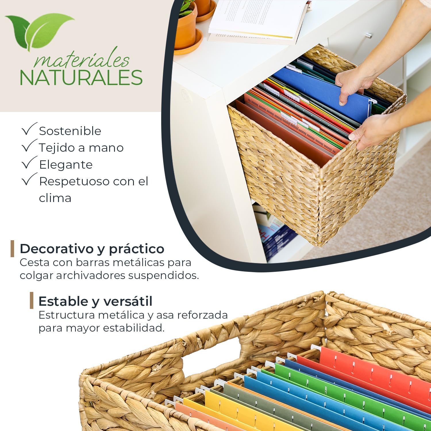Cesta de almacenamiento HMF adecuada para Kallax para archivos colgantes DIN A4, cesta trenzada de jacinto de agua, incluye 8 archivos colgantes, 33 x 38 x 32 cm