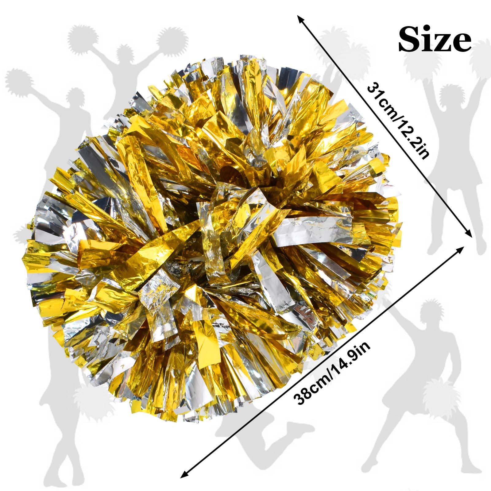 Colexy Pompones de Animadora, 2 Piezas Cheer Leader Poms Animadora Poms, Cheerleading Pom Poms Metallic Cheers Bola de Flores con Mango, para Competición Deportiva, Celebración Navideña - 3