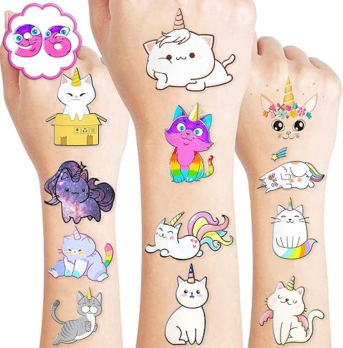 Generic Tatuajes temporales Caticorn 96 unidades, colores surtidos, tamaño pequeño, perfecto para fiestas de cumpleaños de niños