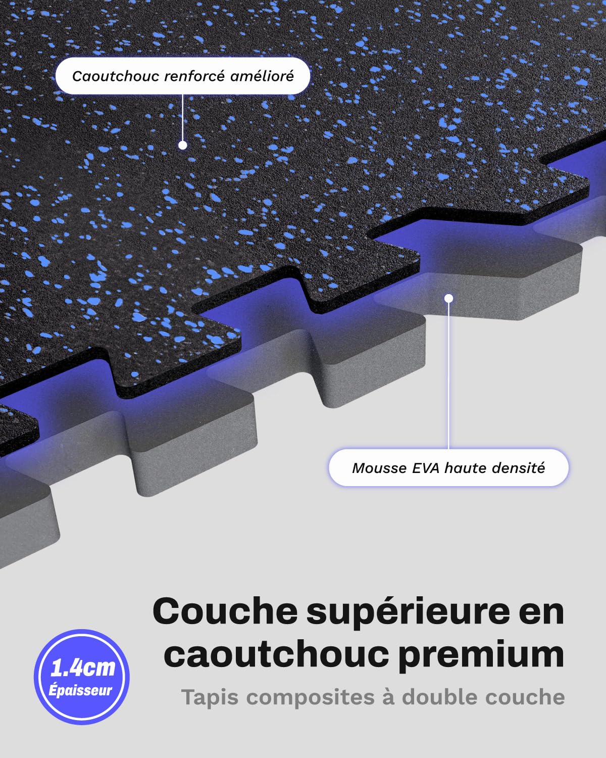 AIRHOP 6 Tapis 60x60x1,4 cm Tapis de Fitness d'Équipement avec Surface en Caoutchouc Robuste et Épais, Tapis de Protection de Sol en Puzzle pour Salle de Sport et Domicile,Noir&ble