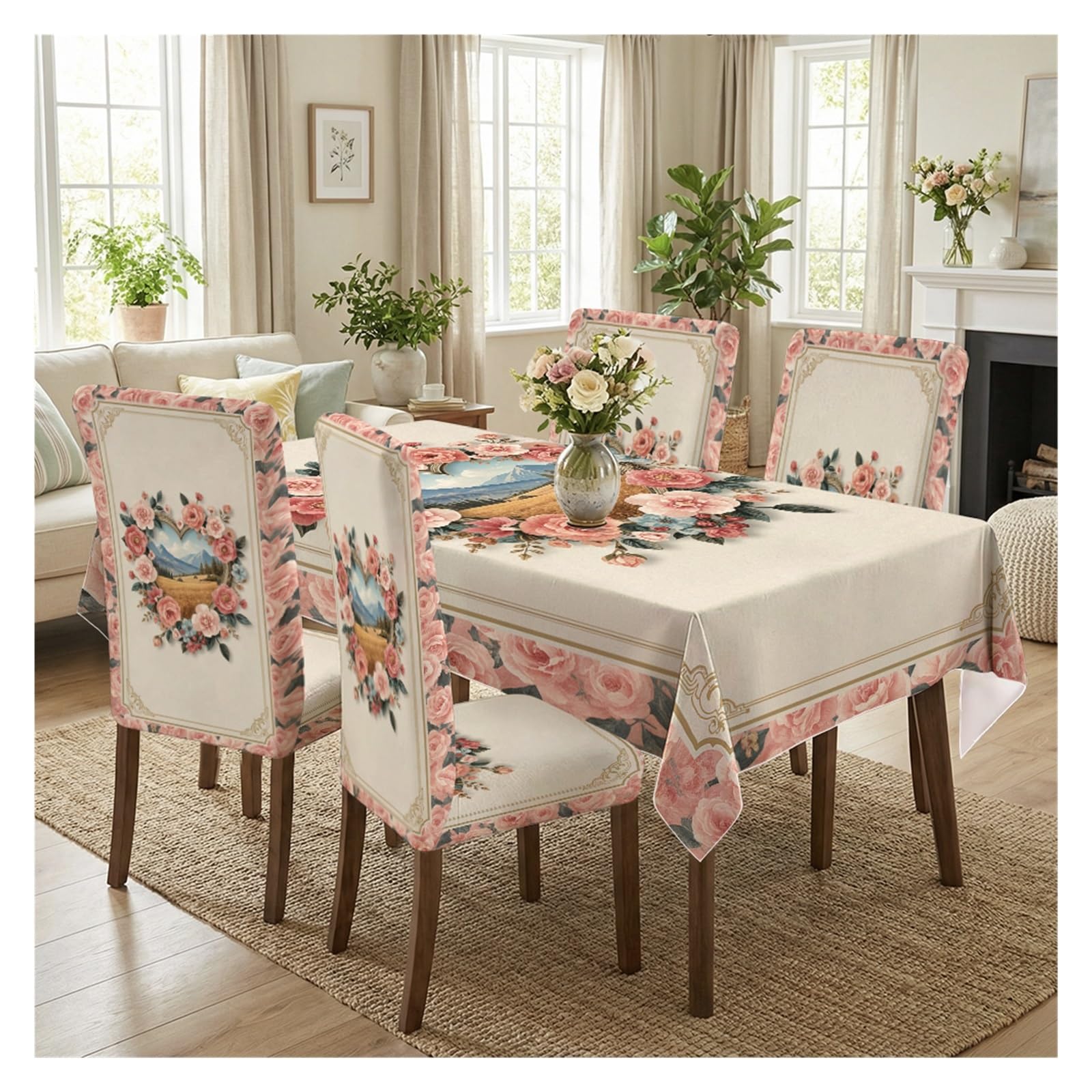 KXUAUV French Country Rose Landscape Print Stretch Chair Covers & Tablecloth Set, For Kitchen Dining Room Home Decor, 5/7 Pack Party Decor(5pcs Set: Tablecloth+Chair Covers)