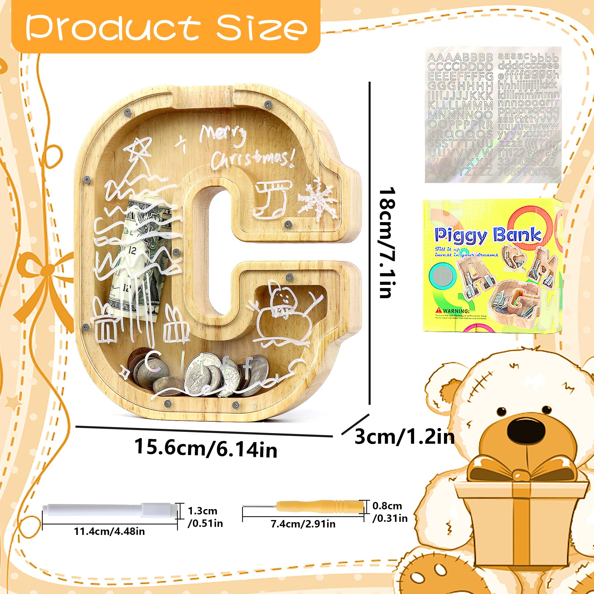 Mikytoper Money Box for Kids Wooden Letter Piggy Banks for Kids Personalized Money Box Clear Money Bank - Image 2