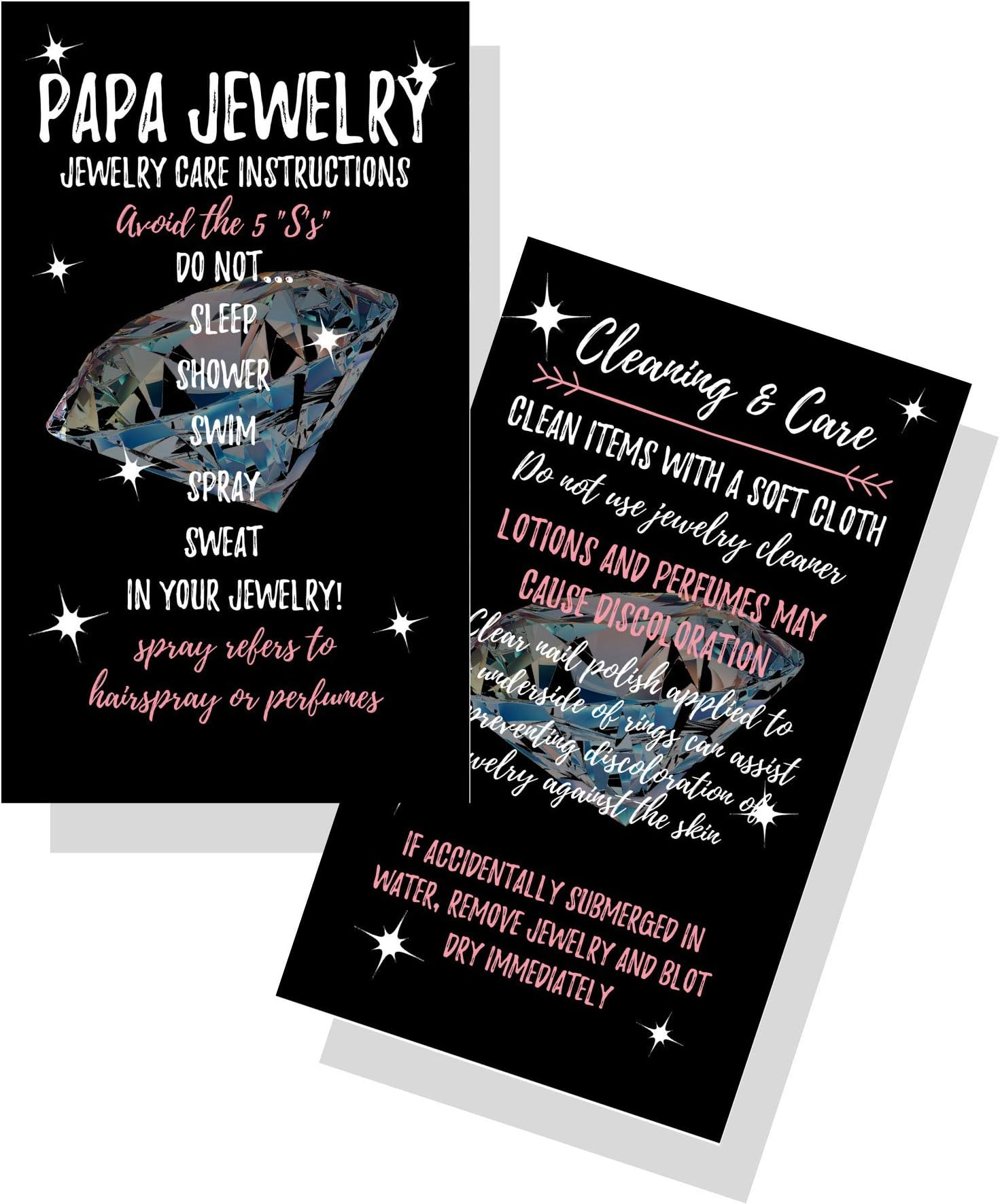 Jewelry Cleaning and Care Cards for Papa | Package of 50 | Bling Luminous Silver Diamond with Sparkle | Jewelry Bling Queen Care Instructions Ask Me About my $5 Jewelry