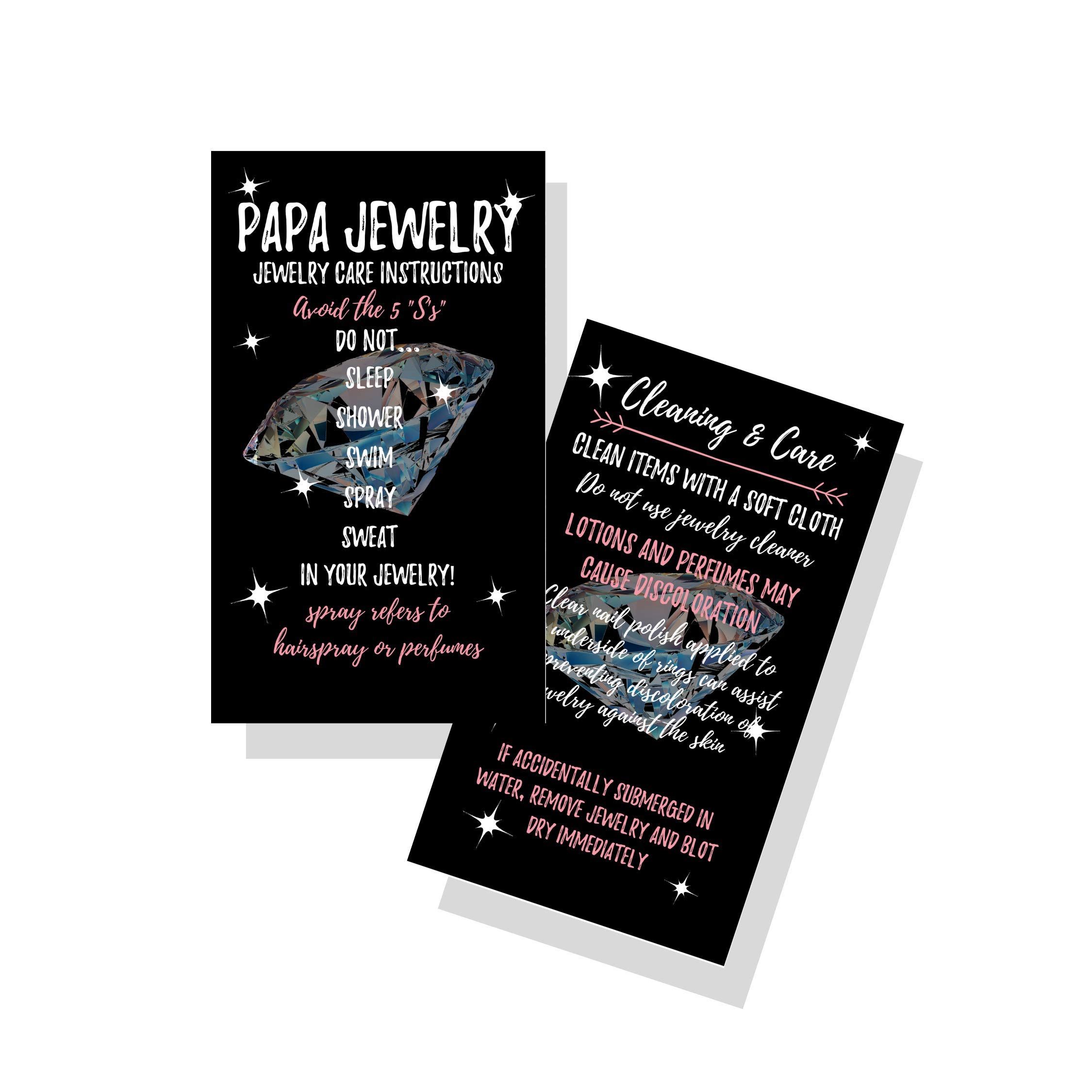 Jewelry Cleaning and Care Cards for Papa | Package of 50 | Bling Luminous Silver Diamond with Sparkle | Jewelry Bling Queen Care Instructions Ask Me About my $5 Jewelry