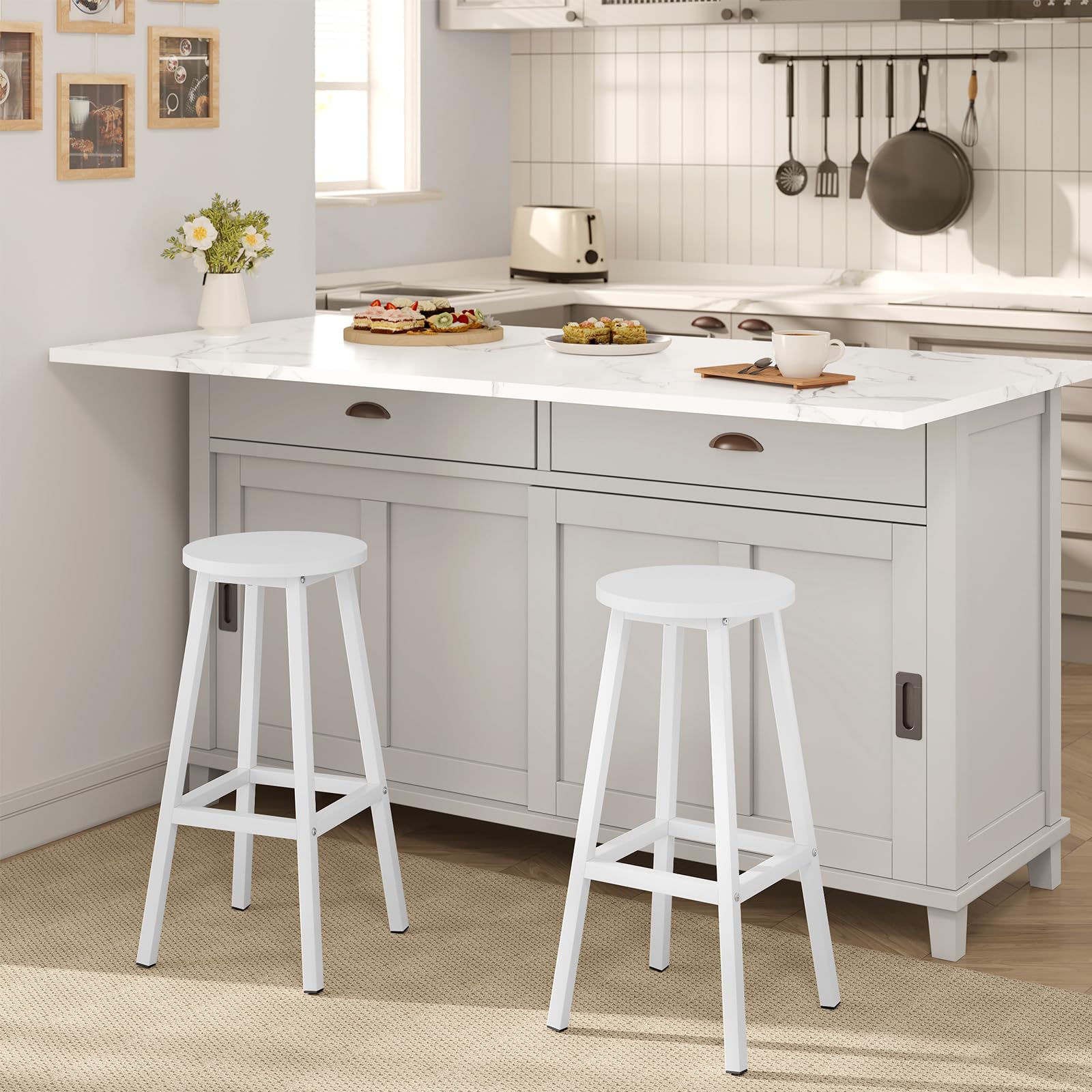 Tabouret de Bar Lot de 2, Haut 64.5cm, Blanc | Tabouret Fixe Haut, Chaise Haute Cuisine, Siège Rond en Bois d'Ingénierie, Structure Métallique, Repose-pieds