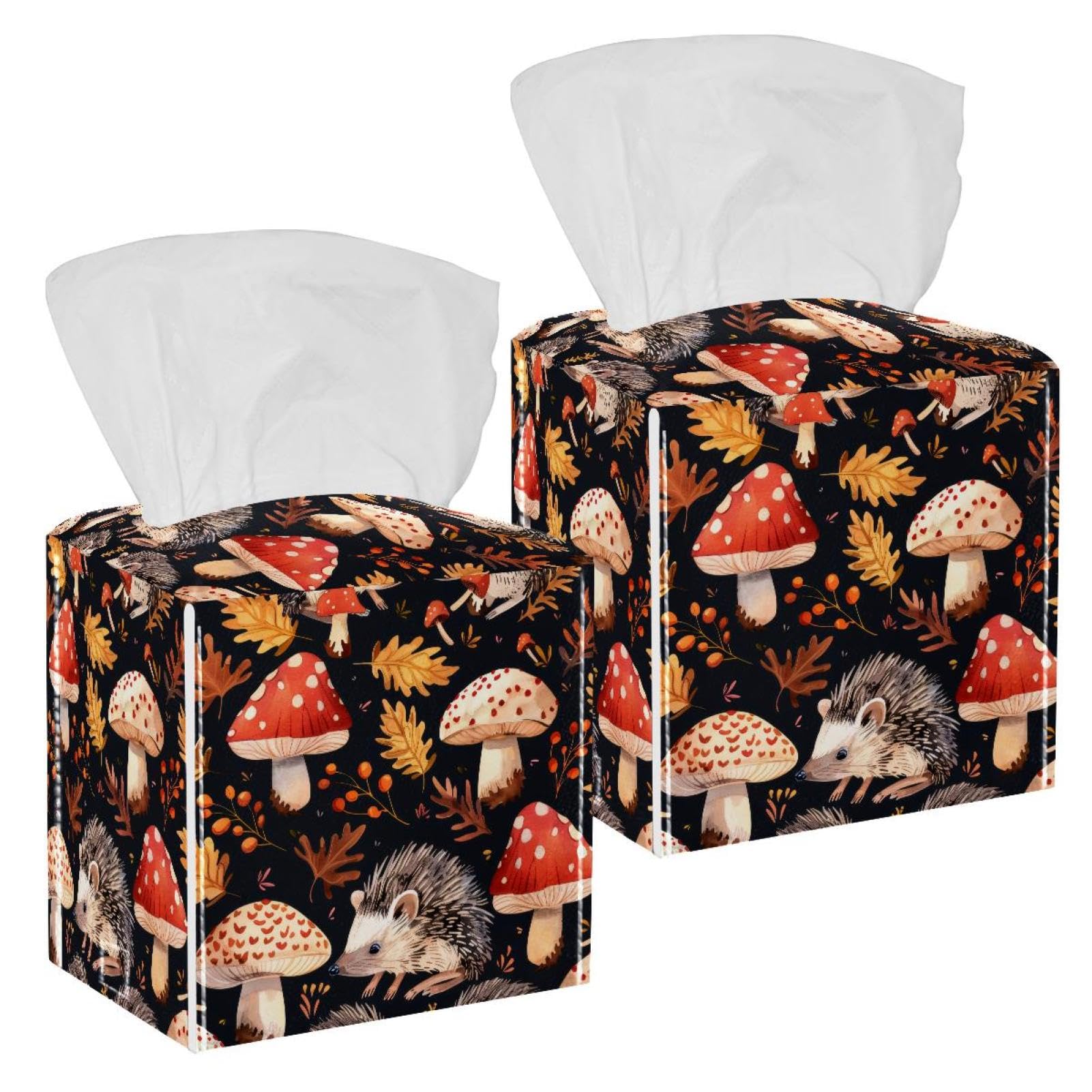 Hedgehog Mushroom Tissue Box Cover, 2 Pack PU Leather Square Facial Tissue Dispenser Box holder for Home Office Car