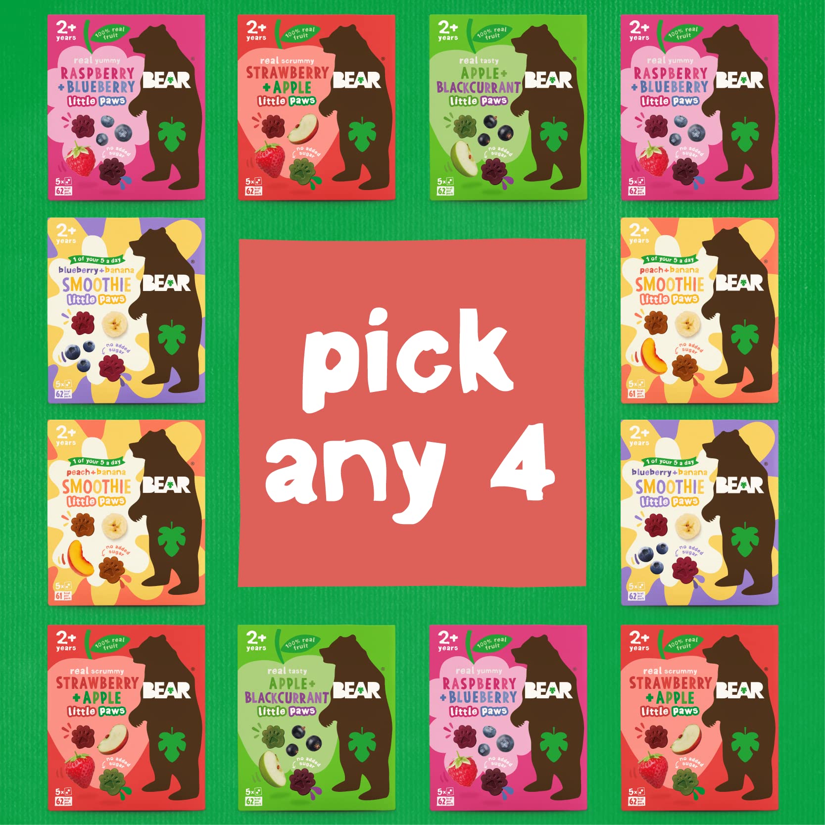 Bear Nibbles Paw Selection Pick Any 4 Multipack from 7 Flavours 20 x 20g (5 Packs Per Box, 4 Boxes) (Bear Paws)