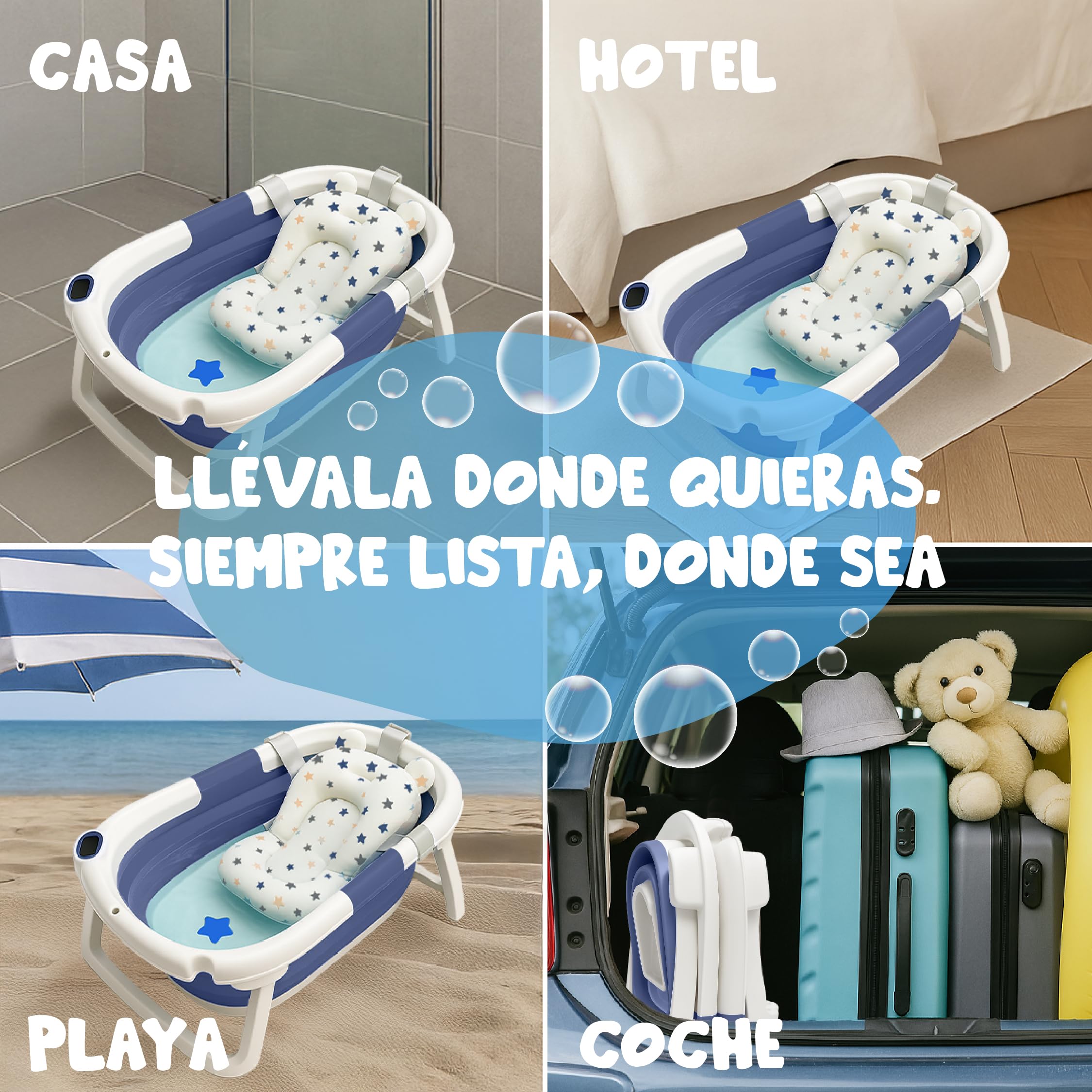 BAÑERA PLEGABLE BEBÉ 5 EN 1 Termómetro + Cojín Protector + Patas Antideslizantes + Tapón de Seguridad | Bebé Recién Nacido | Diseño Plegable en 2 | Fácil de Guardar y Transportar (Azul) — view 5