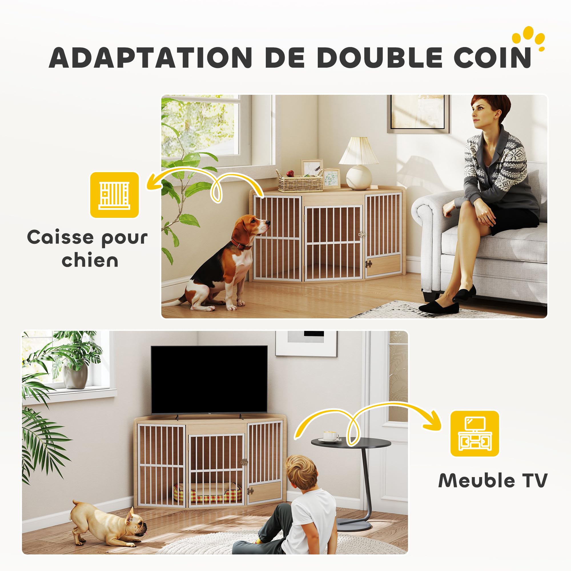 PawHut Cage d'angle pour Chien, Cage pour Chien intérieur avec Porte rotative, Table d'appoint pour Petits et Moyens, 113 x 80 x 64 cm, chêne