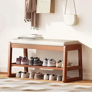PETKABOO Shoe Bench Storage Rubberwood with Leather Cushion, 31.5 inches