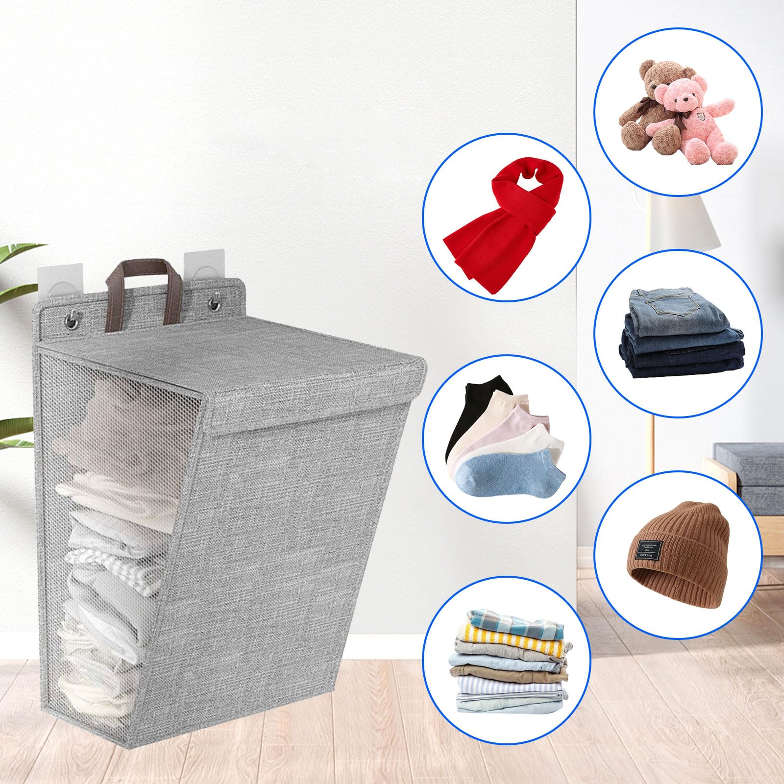 mumisuto 2 Stück Faltbarer Wäschekorb mit Deckel & Griffen, 60L Wäschesammler Laundry Aufhängbar mit 4 Nicht Markierenden Klebehaken, Baskets für Schlafzimmer, Waschküche, Badezimmer