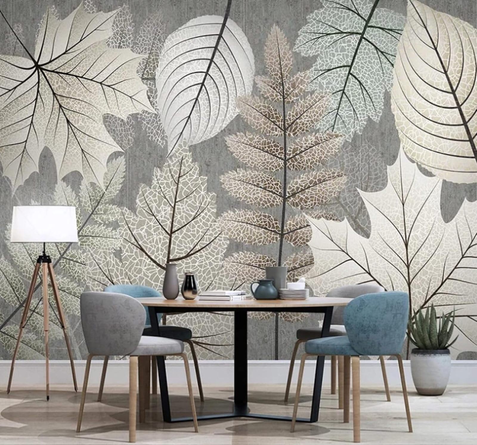 Wallpaper-3D-Xlm 400Cm×280Cm(B×H) Retro Hand Drawn Grey Plants Leaves 3D Wallpaper Easy Install Feature Office Living Room Sofa Bedroom Tv Background Wall Decoration-400Cm×280Cm