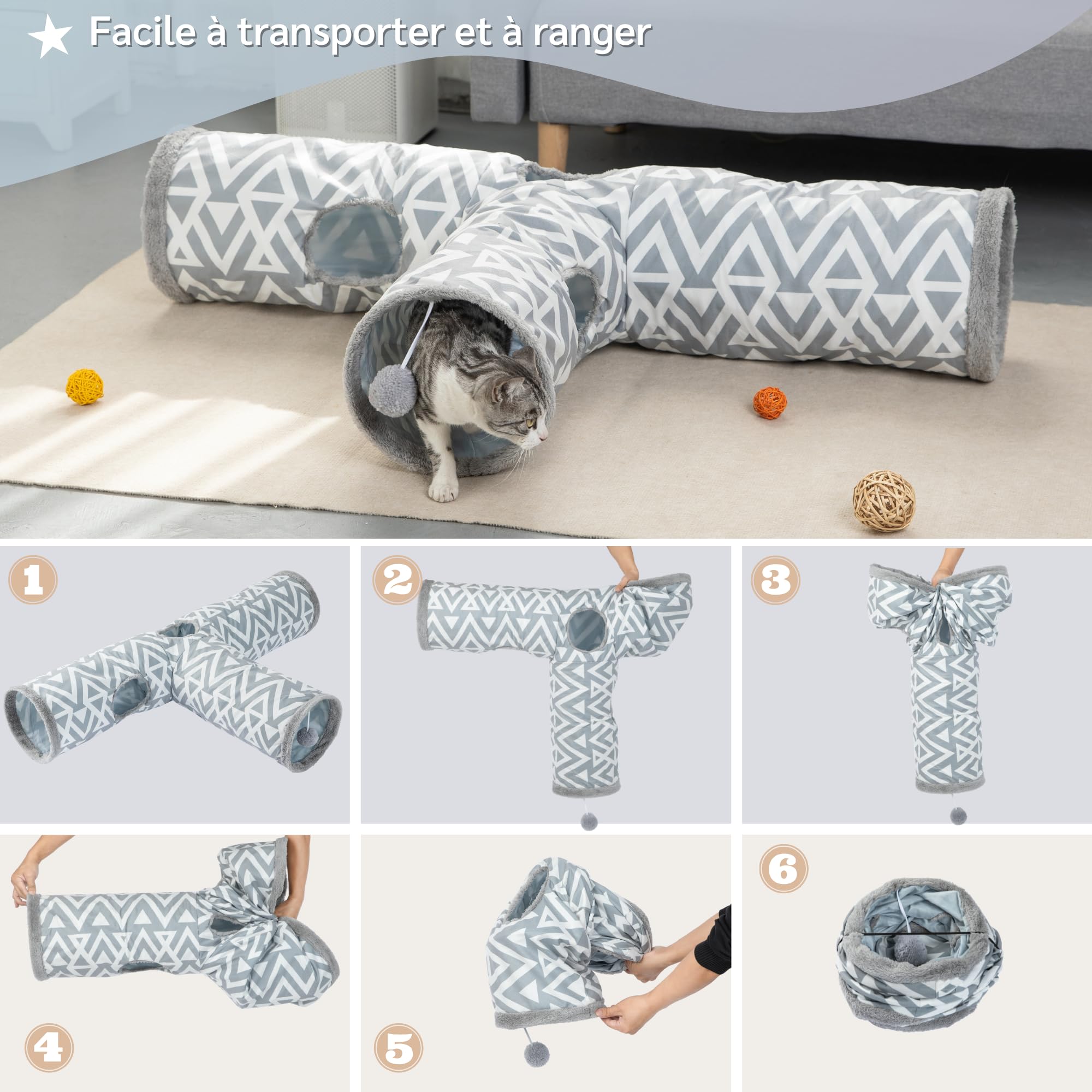 JanYoo Tunnel pour Chat et Lapin - Tunnel de Jeu en Peluche 3 Voies - Jouet pour rongeurs Trou d'espionnage interactif - Ø 26 cm - Gris