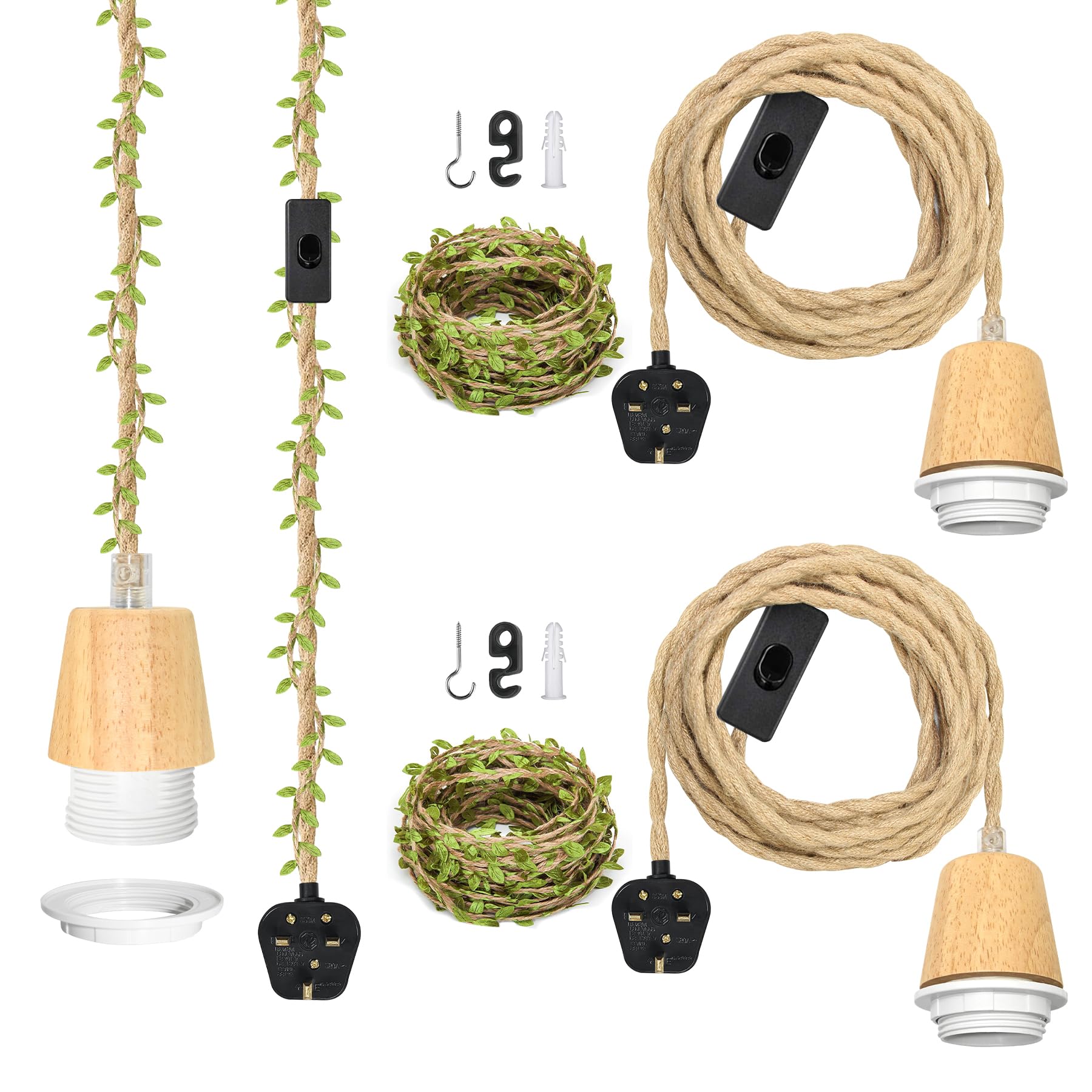 ZRLXFM 2PCS Hemp Rope Plug in Hanging Light Kit with Switch, Vintage Pendant Lamp with 5.1M Cable and E27 Bulb Socket, DIY Lamp Fittings Kit with 5m Green Decorative Cord for Farmhouse Decor