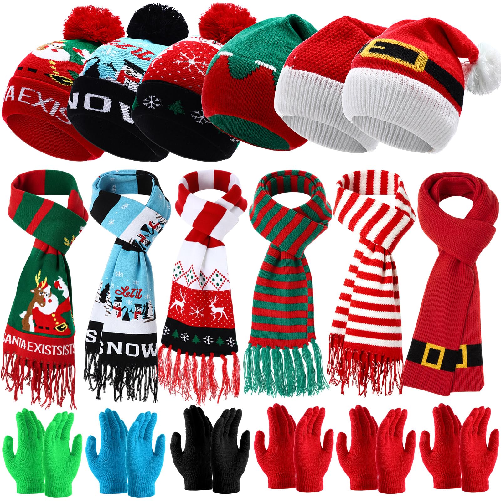18 Pcs Christmas Hat Scarf Gloves Set Christmas Winter Knitted Beanies Hats Santa Knit Scarves Elf Gloves for Women Men Adult Xmas Party Birthday Warm Gifts Multicolor