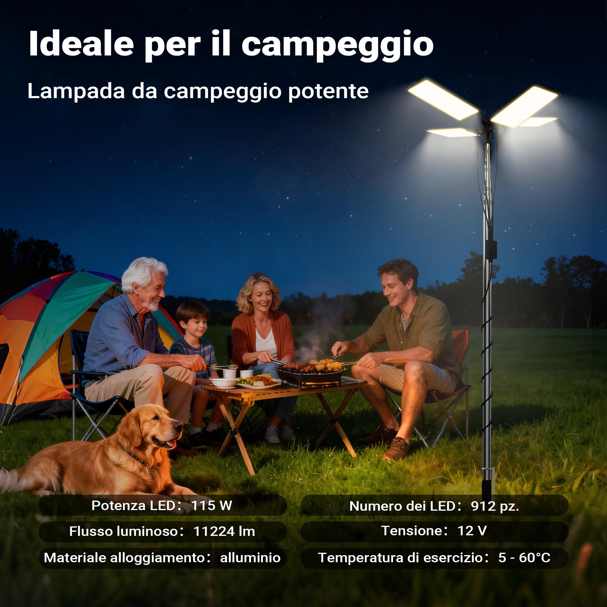 Wiltec Lampada da campeggio LED V2, estensibile 12V per illuminazione outdoor