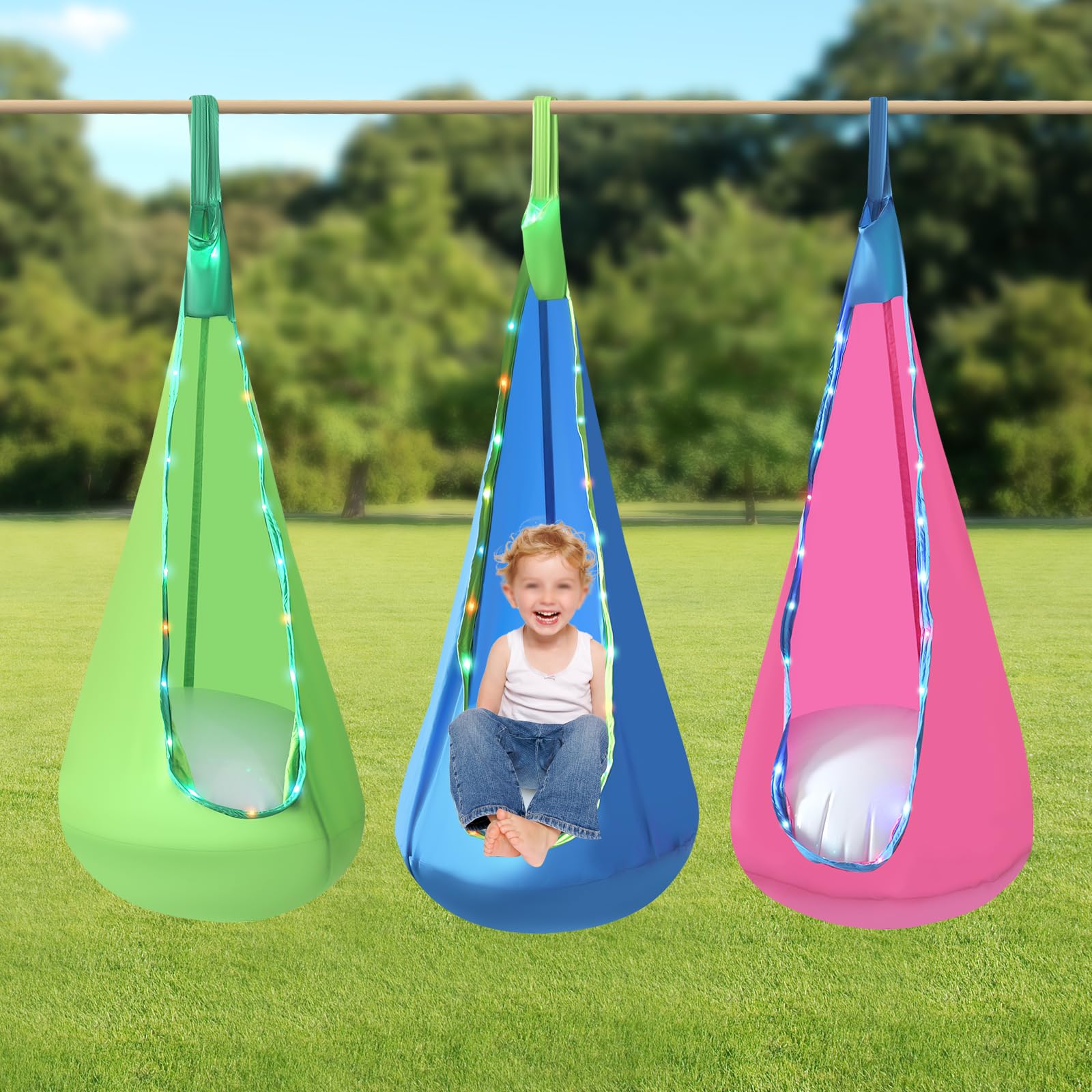 3 Pcs Light Up Kids Pod Swing Seat, Light Up Pod Swing for Kids with 8 Modes LED Adjustment & Air Pump Inflatable Cushion Foldable Storage Pods Swings for Kid Indoor & Outdoor Load 330Lbs