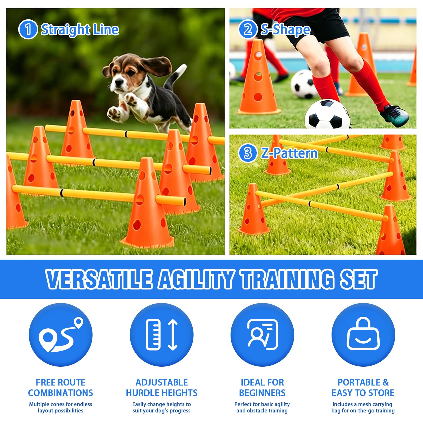 MeYuxg Agility zestaw dla psów – Cavaletti zestaw płotków wtykowych dla małych psów i dzieci, regulowane płotki treningowe, 10 krótkich drążków (do łączenia z 5 przeszkodami), partor dla psów ze