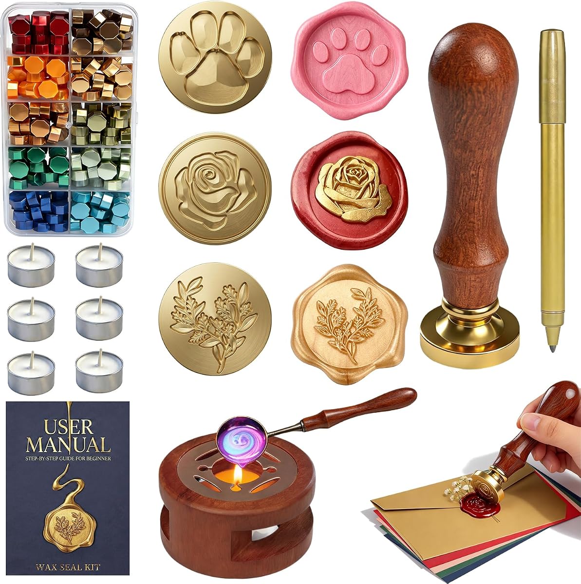 Wax Seal Stamp Kit for Beginners: Wax Sealing Tool Set 3 Brass Stamp Heads with Unique Patterns, 200 Beads, 5 Envelopes & Instructions for Wedding Invitations, DIY Letters & Gift Decoration