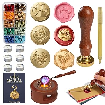 Wax Seal Stamp Kit for Beginners Wax Sealing Tool Set 3 Brass Stamp Heads with Unique Patterns, 200 Beads, 5 Envelopes & Instructions for Wedding Invitations, DIY Letters & Gift Decoration
