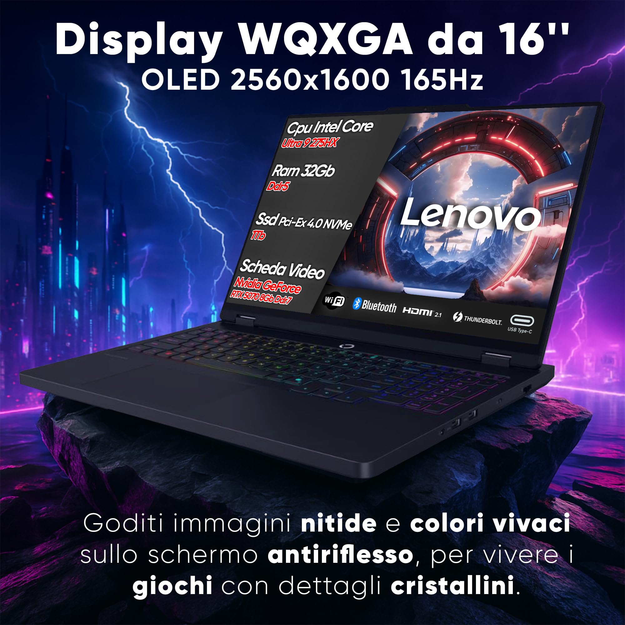 Lenovo Legion Pro 5 Pc Gaming Portatile ULTRA 9 275HX 20 Core, 32 GB RAM DDR5, GeForce RTX 5070 8GB, SSD 1TB, Notebook Gaming Oled Display 16" 165Hz,Laptop Gaming Tastiera RGB, WiFi 7, Thunderbolt 4
