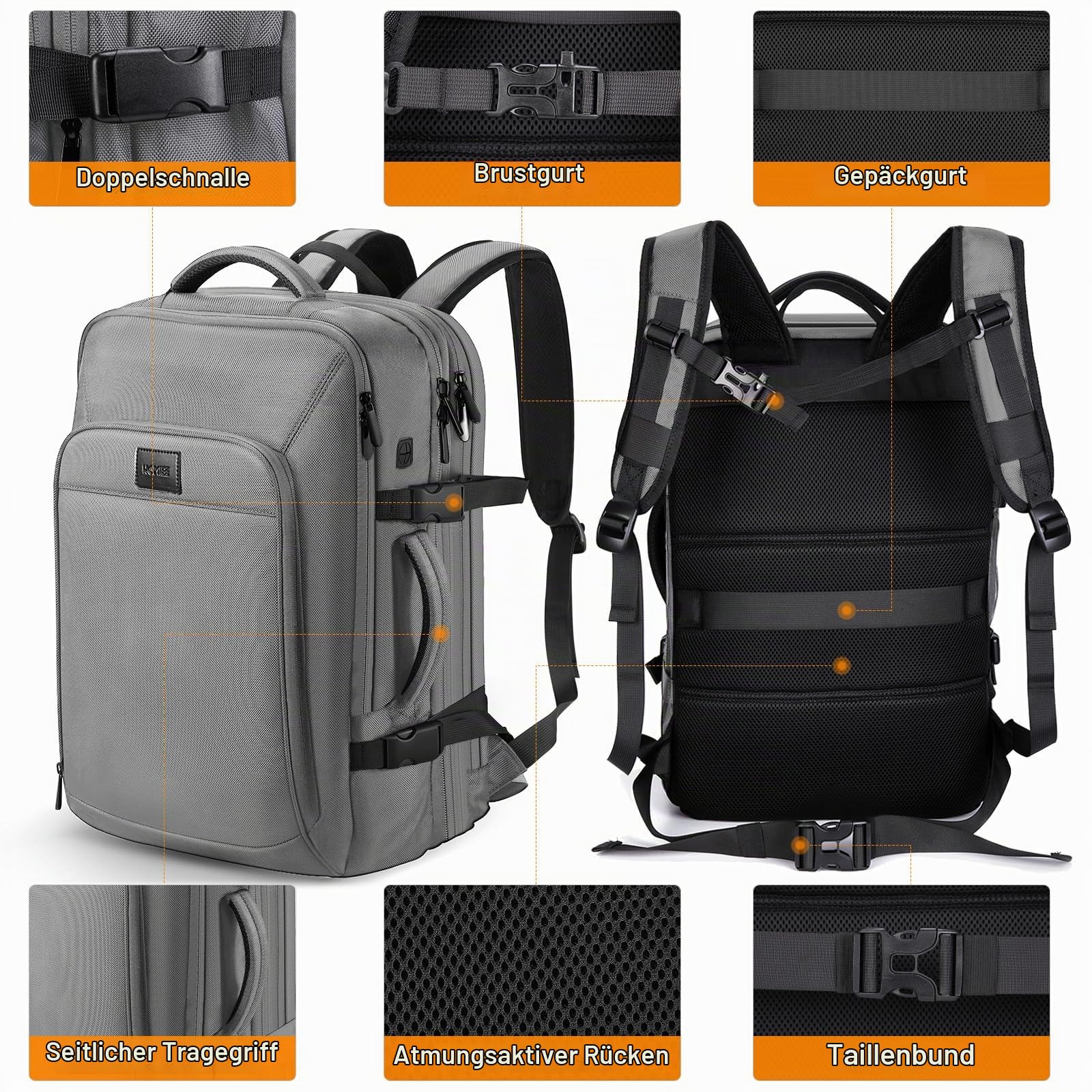 HOMIEE Handgepäck Rucksack 55x40x20 50L Großer Erweiterbarer Reiserucksack Flugzeug 18 Zoll Laptoprucksack mit USB Ladeanschluss Herren Damen Carry on Kabinenrucksack für Reisen Business Weekender