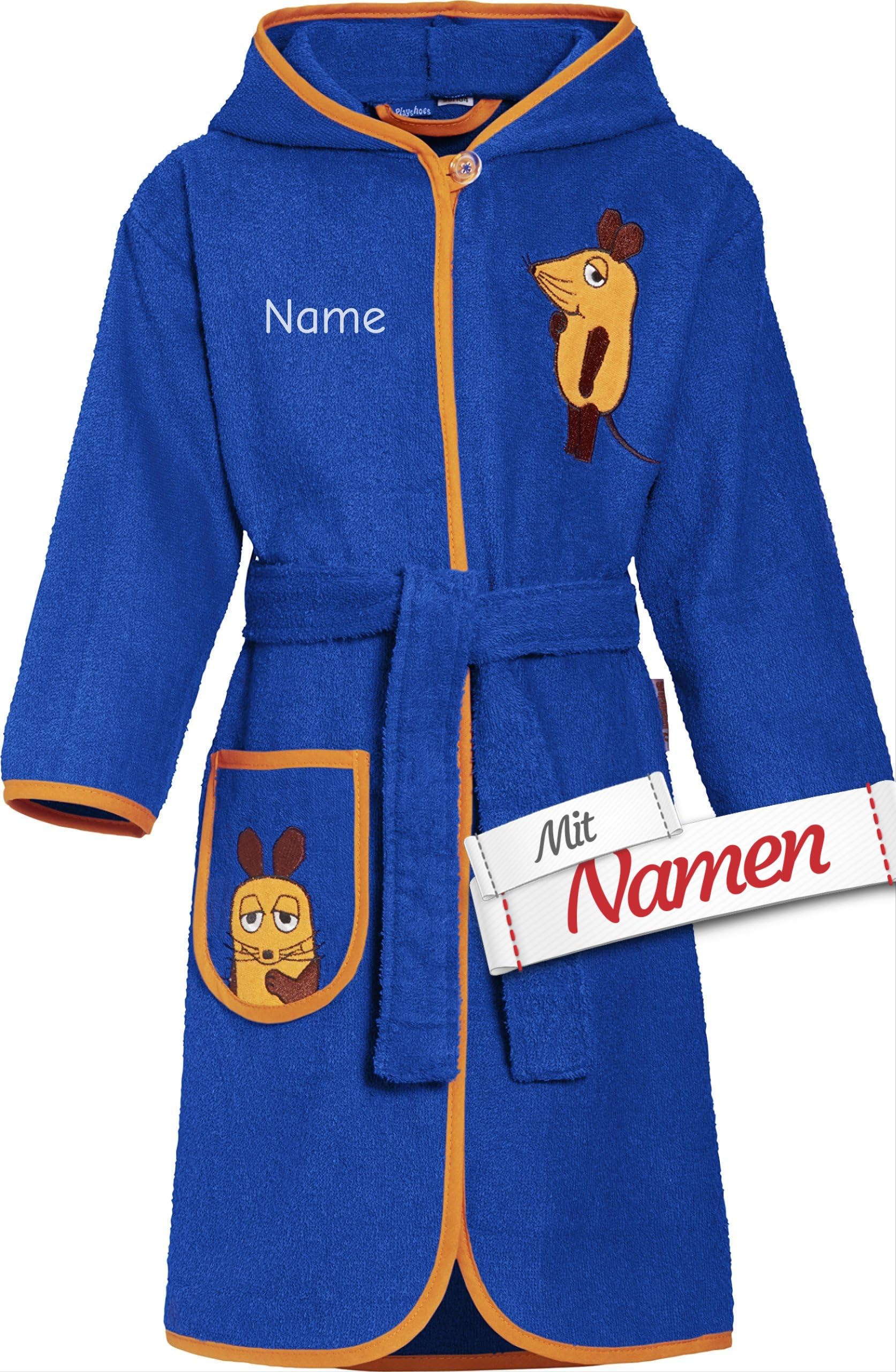 Playshoes Kinder-Bademantel mit Namen bestickt aus Die Maus Kollektion Maus Motiv, Frottier, Blau, Größe 86/92, Bindegürtel, Kapuze