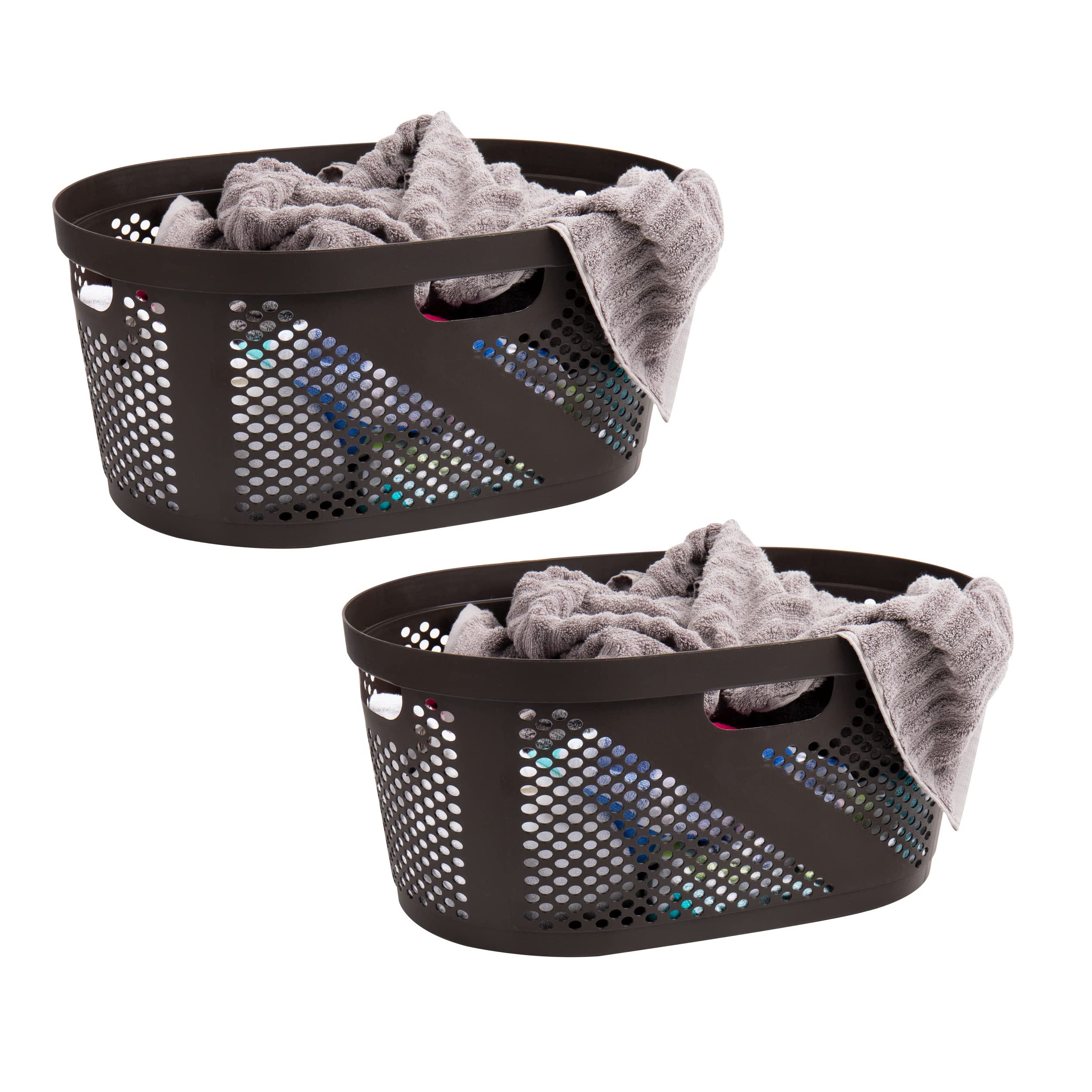mind reader 40l laundry basket, set of 2, clothes hamper, lid, ventilated, plastic, 23" l x 14.5" w x 10.5" h, brown