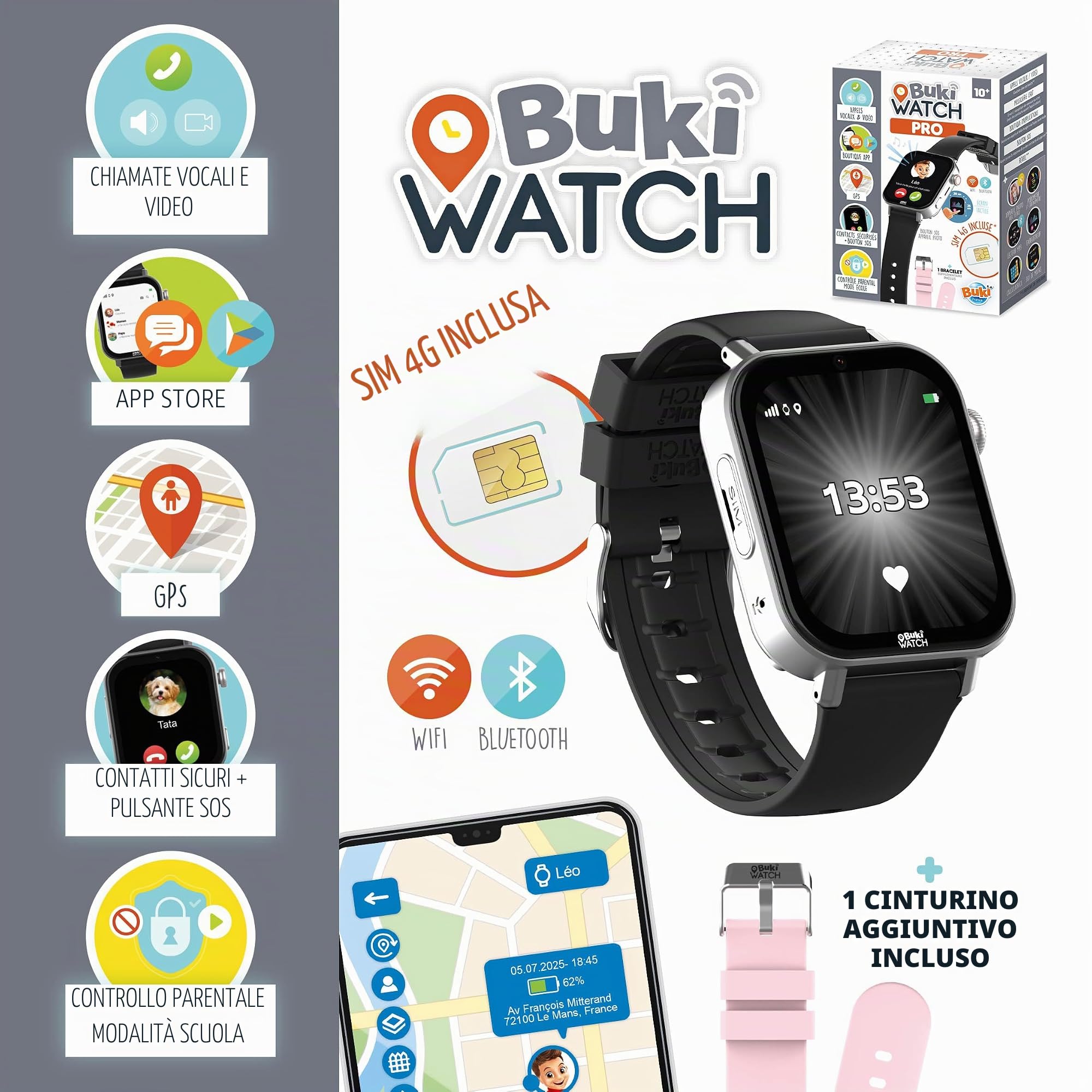 BUKI France - Orologio da bambino con scheda SIM inclusa - Chiamate, GPS, video, WiFi, Bluetooth - Pulsante SOS, App genitoriale - Ideale primo telefono - BUKI Watch Pro - Fin dai 10 anni - PRO01