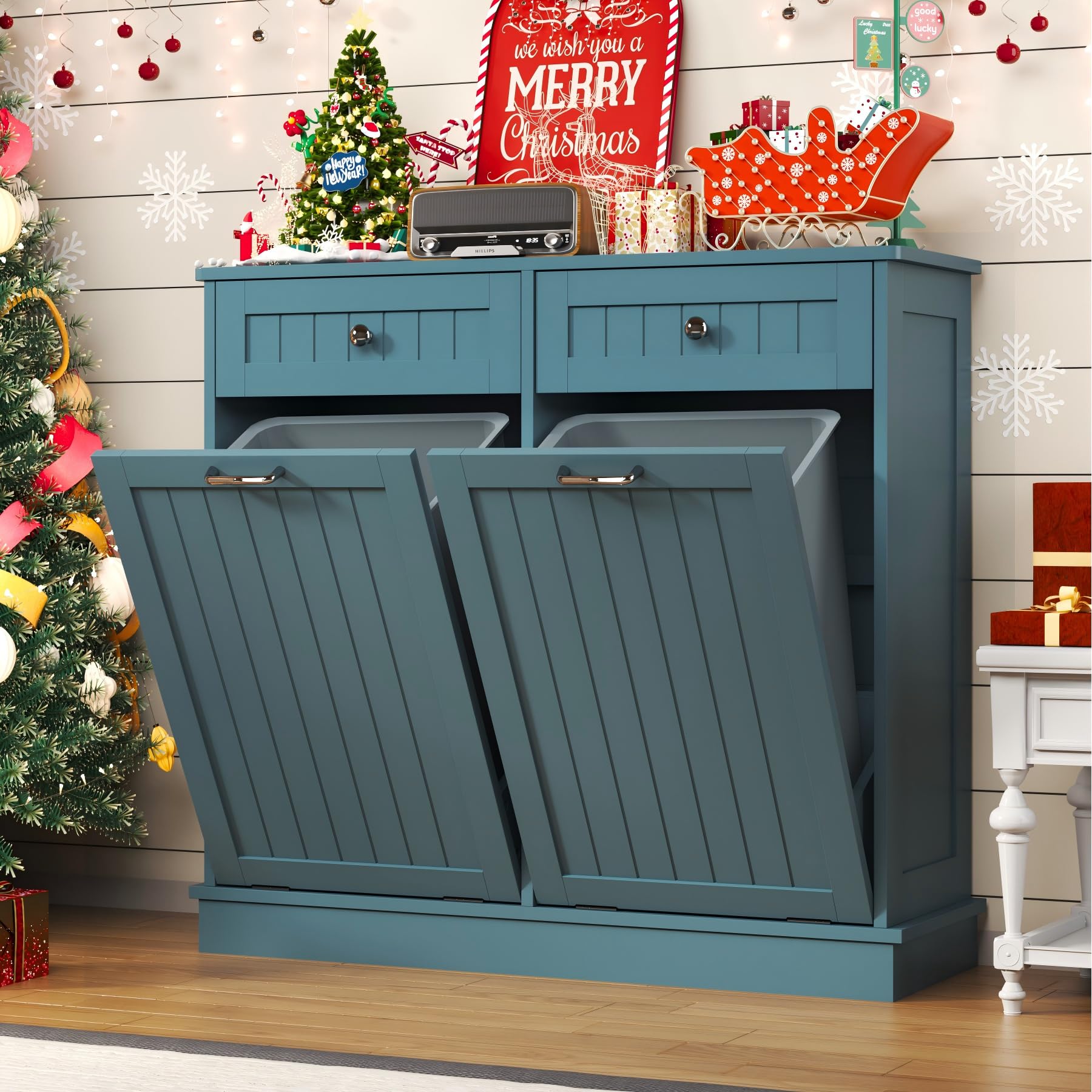 Tilt Out Trash Cabinet with Double Hidden Trash Can Holder Kitchen Free Standing Recycling Cabinet Dog Proof Trash