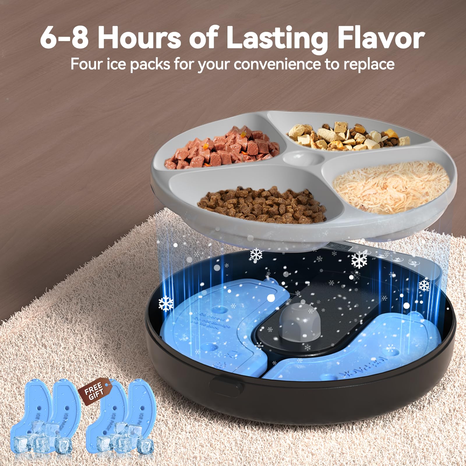 Alimentador automático de alimentos húmedos para gatos, dispensador inalámbrico de alimentos húmedos para mascotas con 4 paquetes de hielo, 4 comidas por día, contenedor refrigerado de alimentos