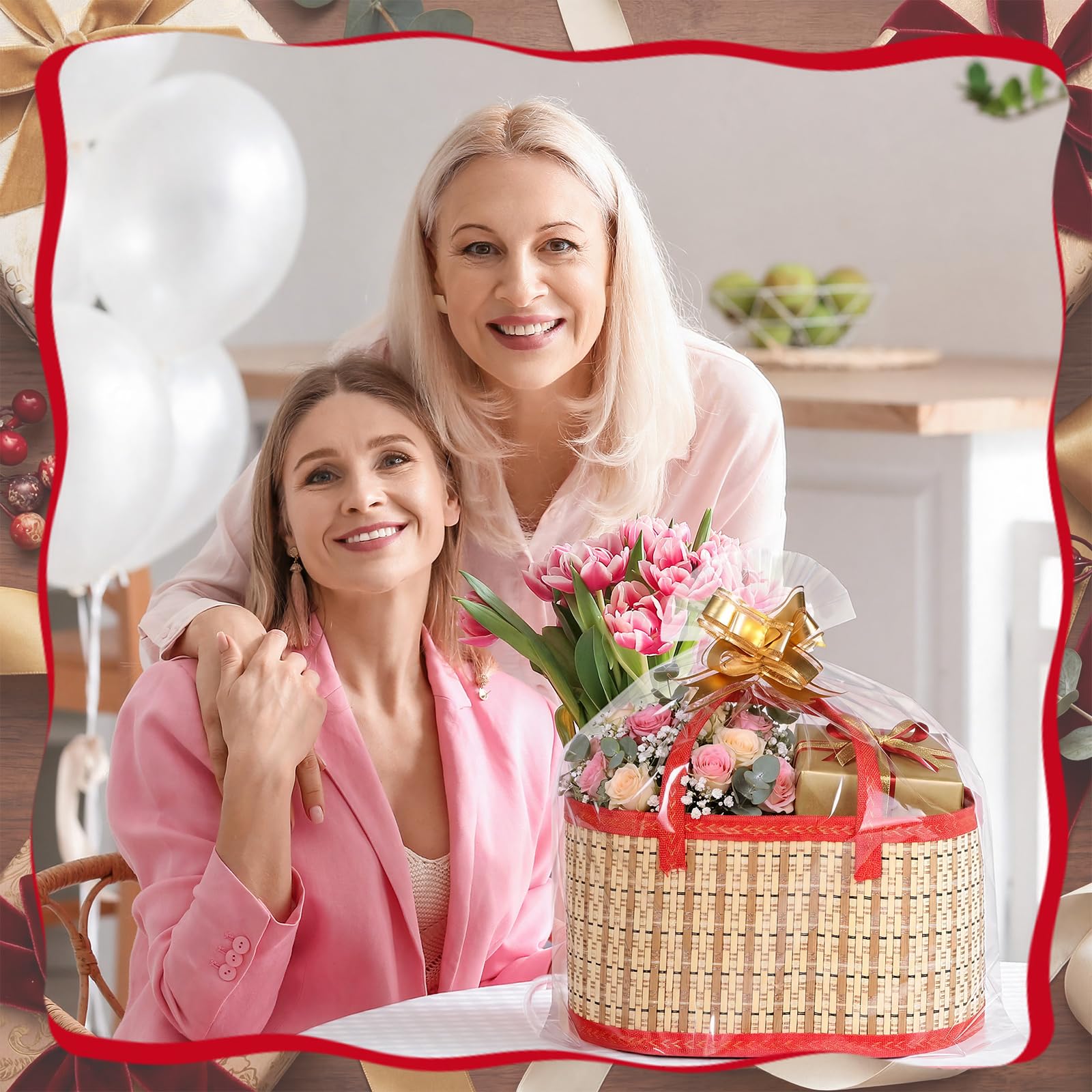 Reallnaive 1 set di cesti regalo vuoti in bambù intrecciato con sacchetti regalo trasparenti con nastro a fiori pieghevoli con manico per festa della mamma, battesimi, compleanni, feste, inaugurazione