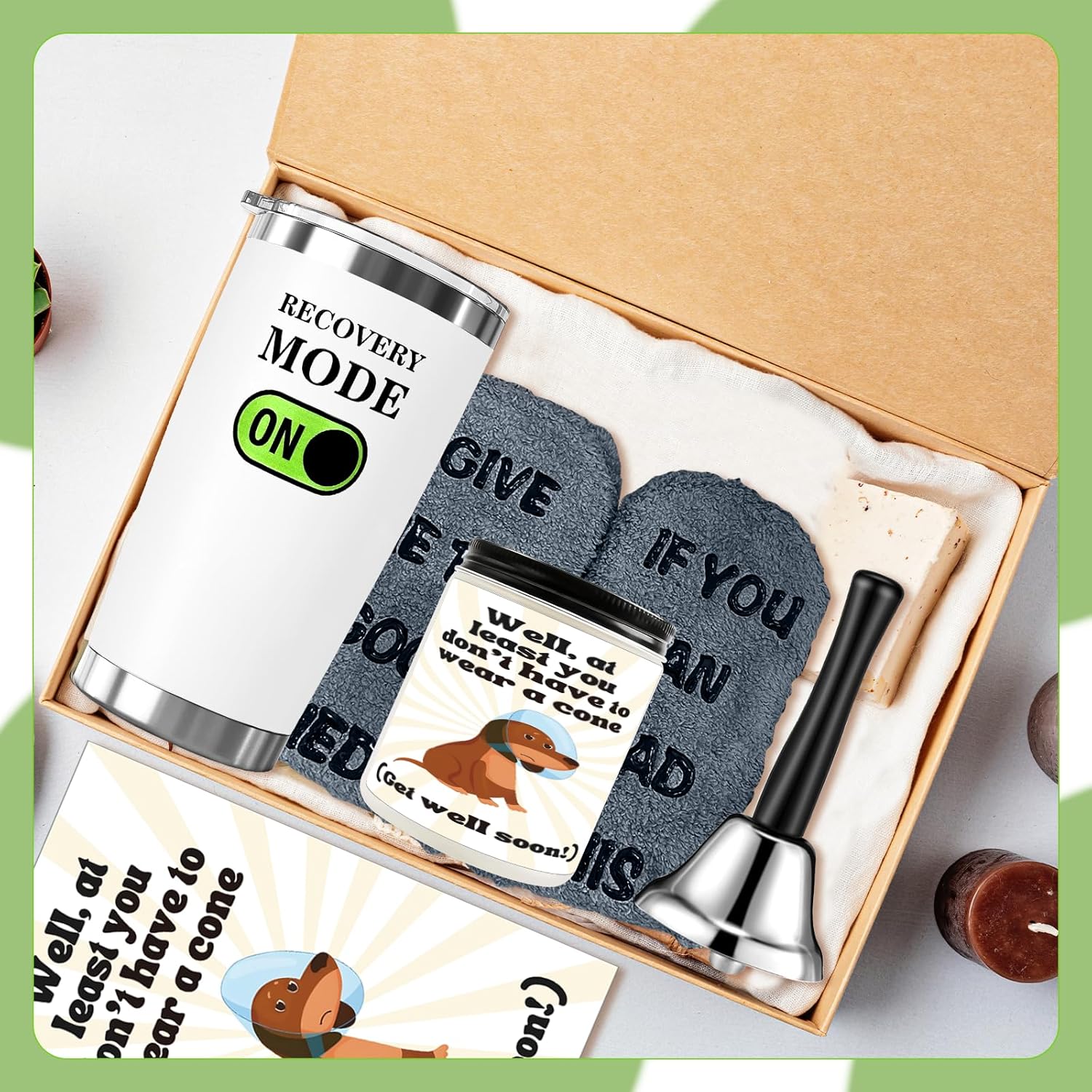 6 Pcs Funny Get Well Soon Gift Set Include 20oz Hospital Mug Tea Hand Bell Scented Candle Funny Recovery Socks Cards and Sticker for Chemo Patients Sick Friends Post Surgery Recovery Cheer up Gifts - Image 5