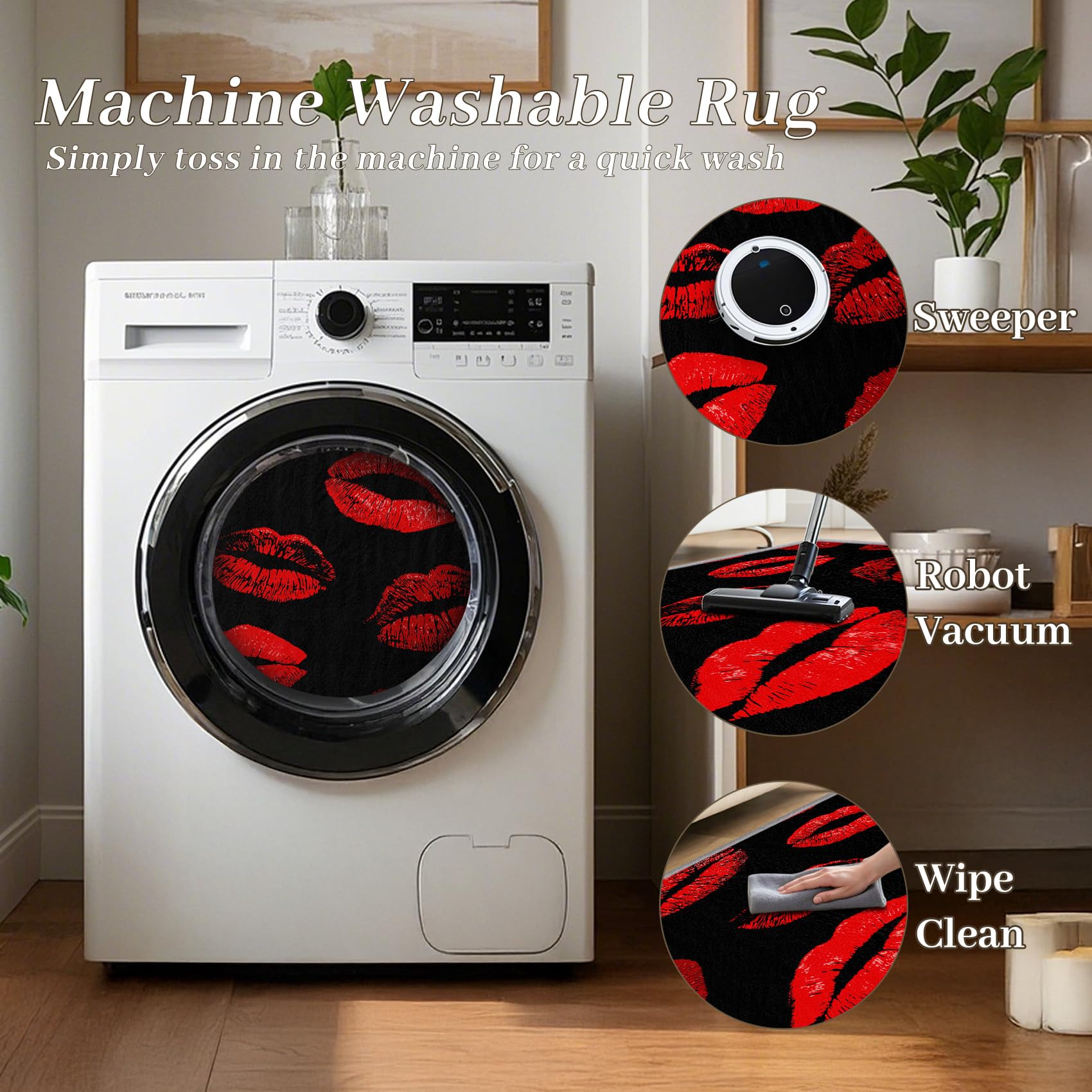 Lippen Teppich Waschbar, Sexy Rote Lippen Teppich 80x150 cm, Valentinstag Kuss Lippenstift rutschfest Waschbar Pflegeleicht Teppiche Für Schlafzimmer Küche, Schwarz Rot