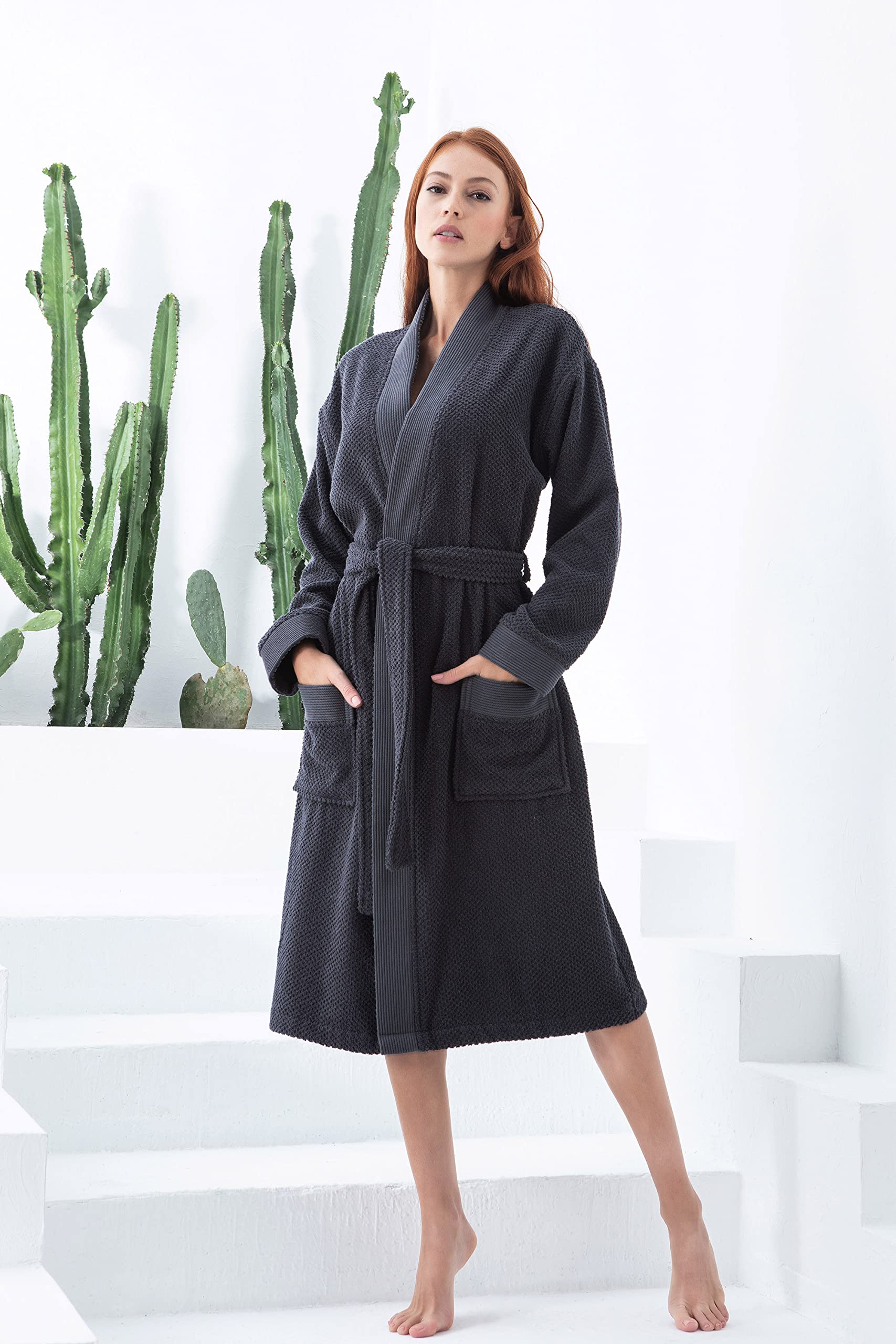 SEYANTE Accappatoio da donna di lusso, in spugna di cotone turco certificato GOTS, Carbone/kimono, Medium