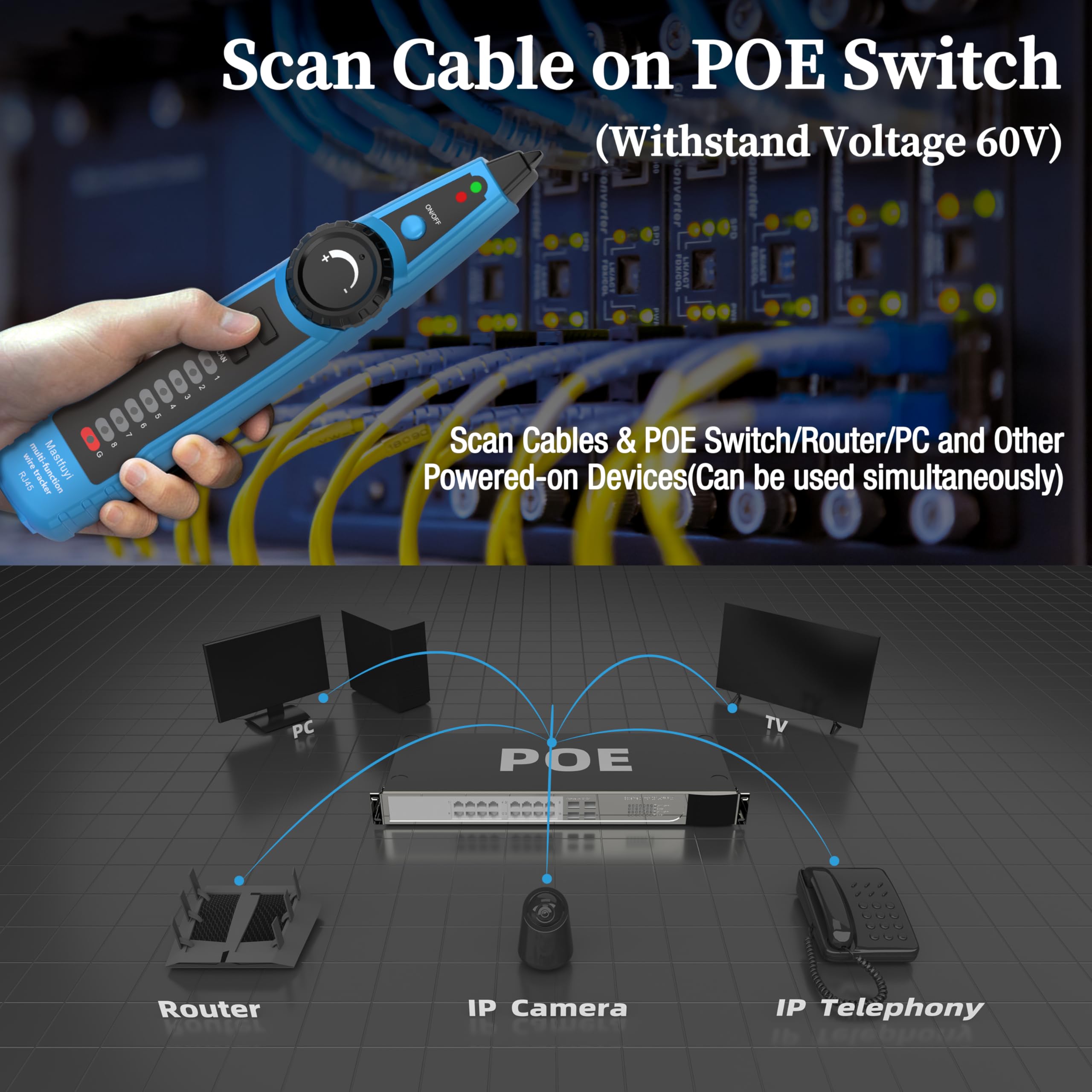 Testeur de Câble Réseau, Traceur de Câble de Signal Numérique avec Tonalité de Sonde, Détecteur de RJ11 RJ45, Maintenance Collationnement des Câbles Ethernet LAN Cat5 Cat6, Test de Ligne Téléphonique
