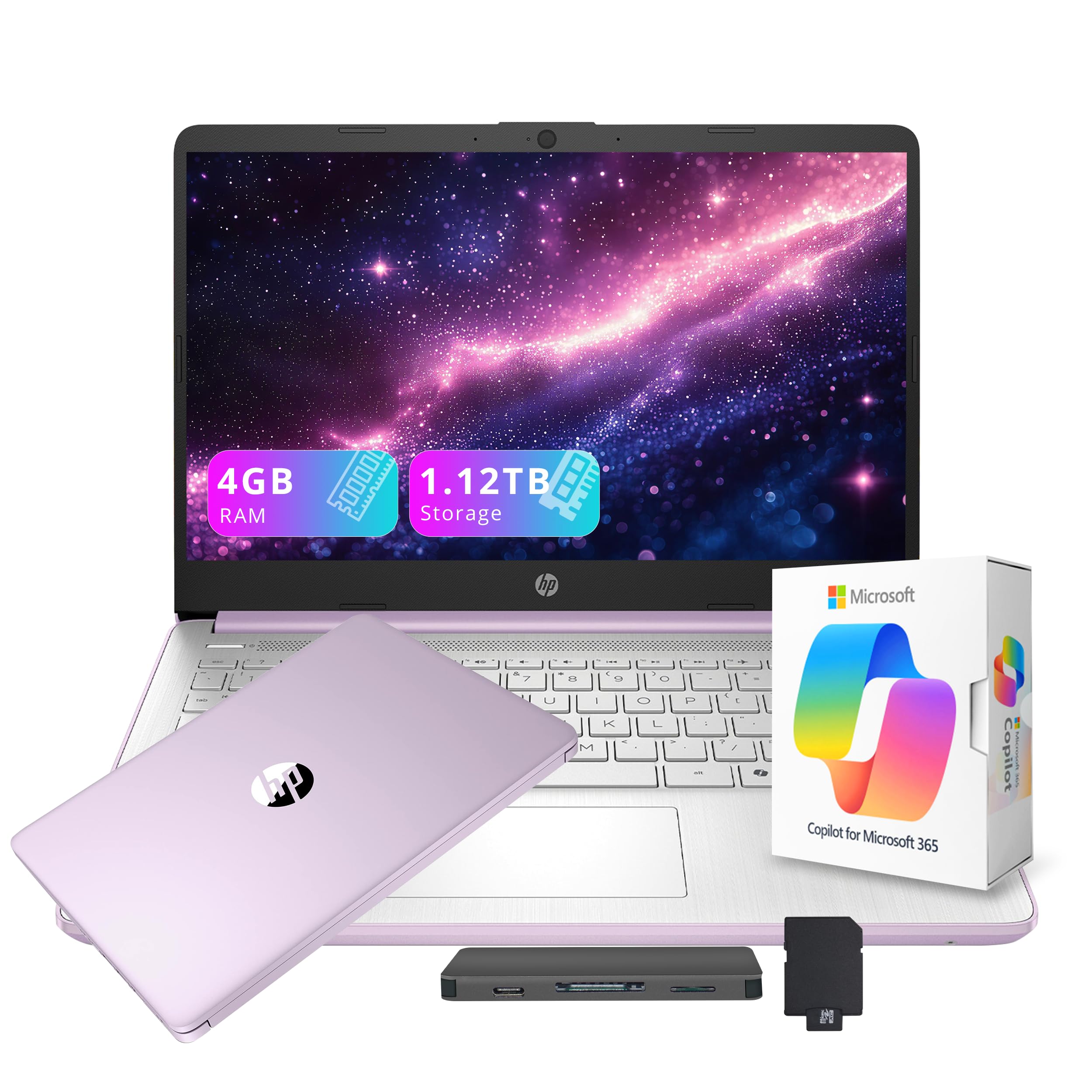 HP Stream 14" HD Student&amp;Business Laptop with AI Copilot, Intel Processor N150, 4GB RAM, 1.12TB Storage (128GB UFS + 1TB Docking Station), 1 Year Office 365, 720p Webcam, Win 11, Lavender Purple